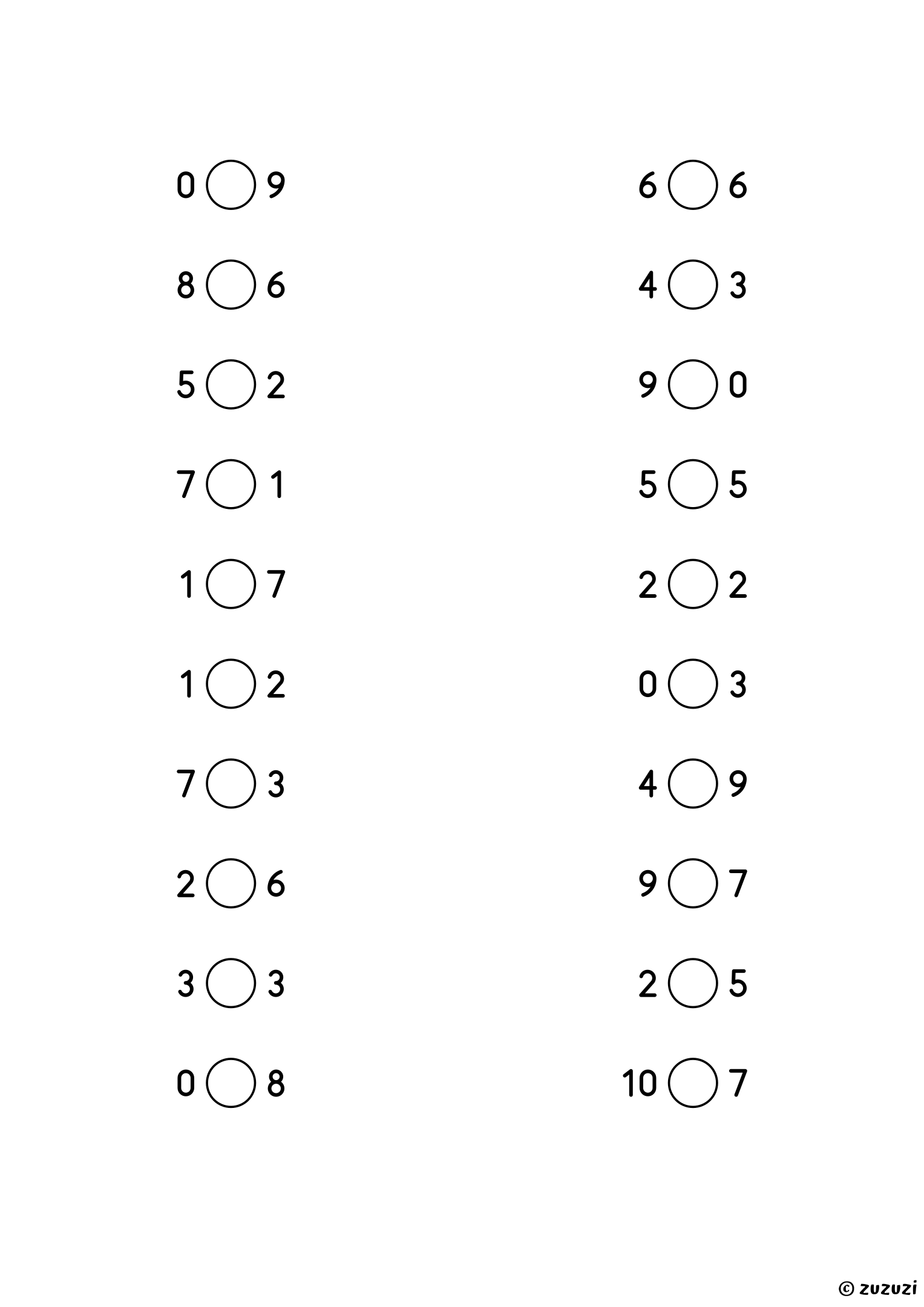 Worksheet with twenty pairs of numbers up to 10 and a circle between each pair, where children write the less than, greater than, or equal sign.