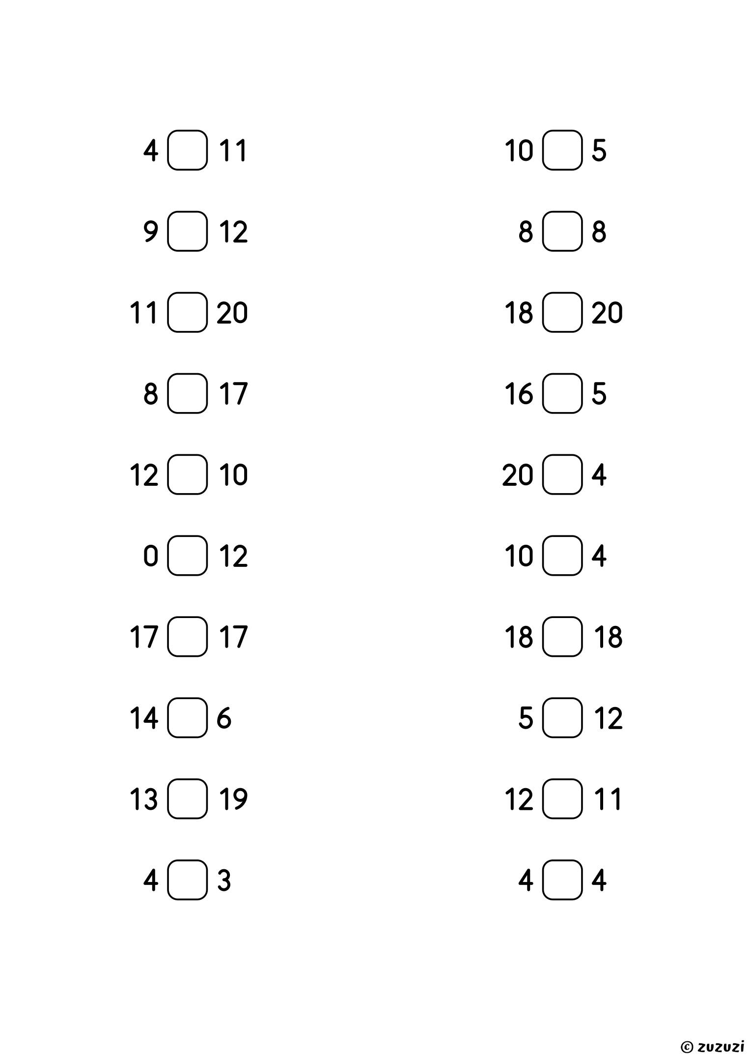 Worksheet with twenty pairs of numbers up to 20 and a rounded square between each pair, where children write the less than, greater than, or equal sign.