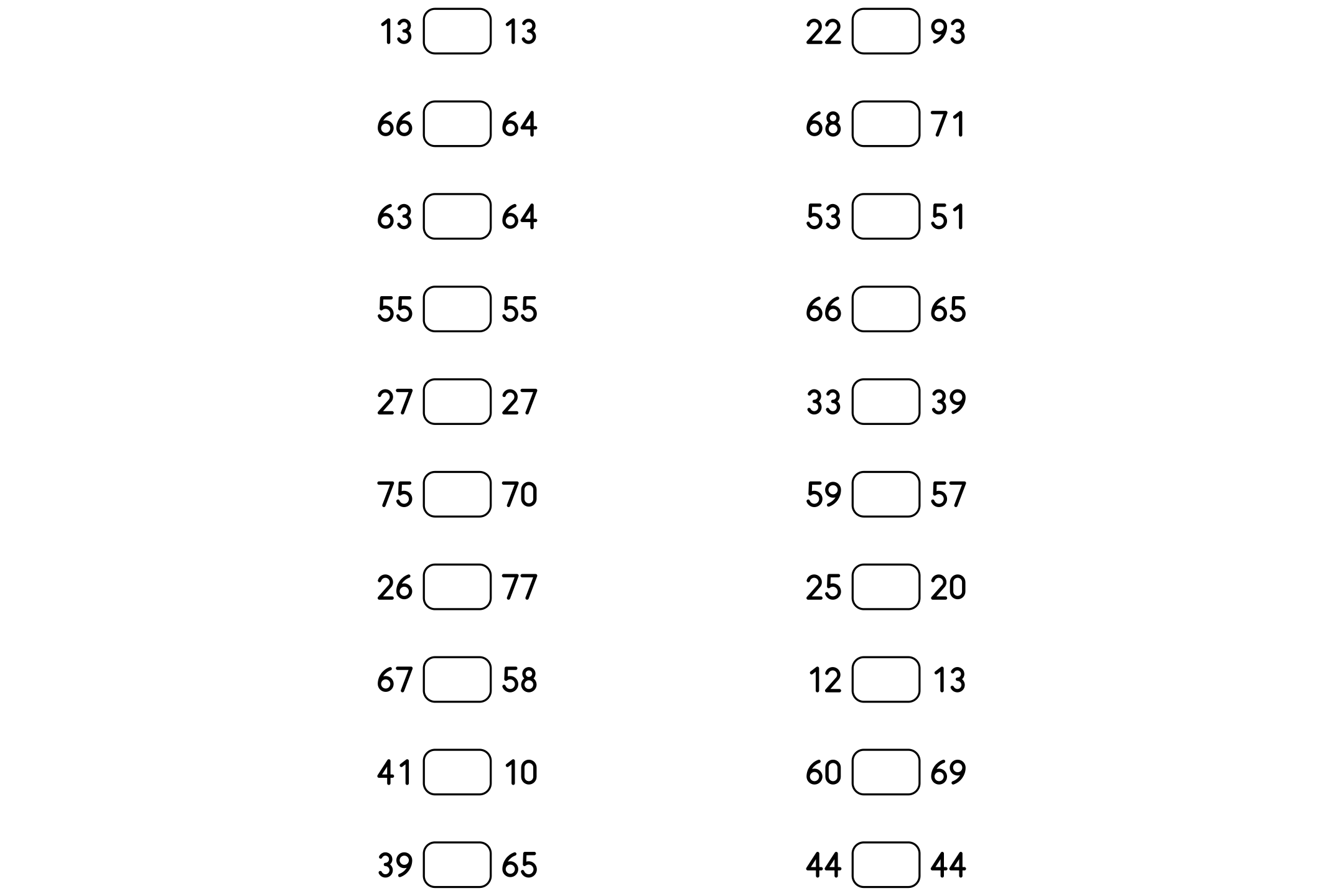 A comparing numbers worksheet with pairs of numbers and an empty box between them for the sign, in black and white.