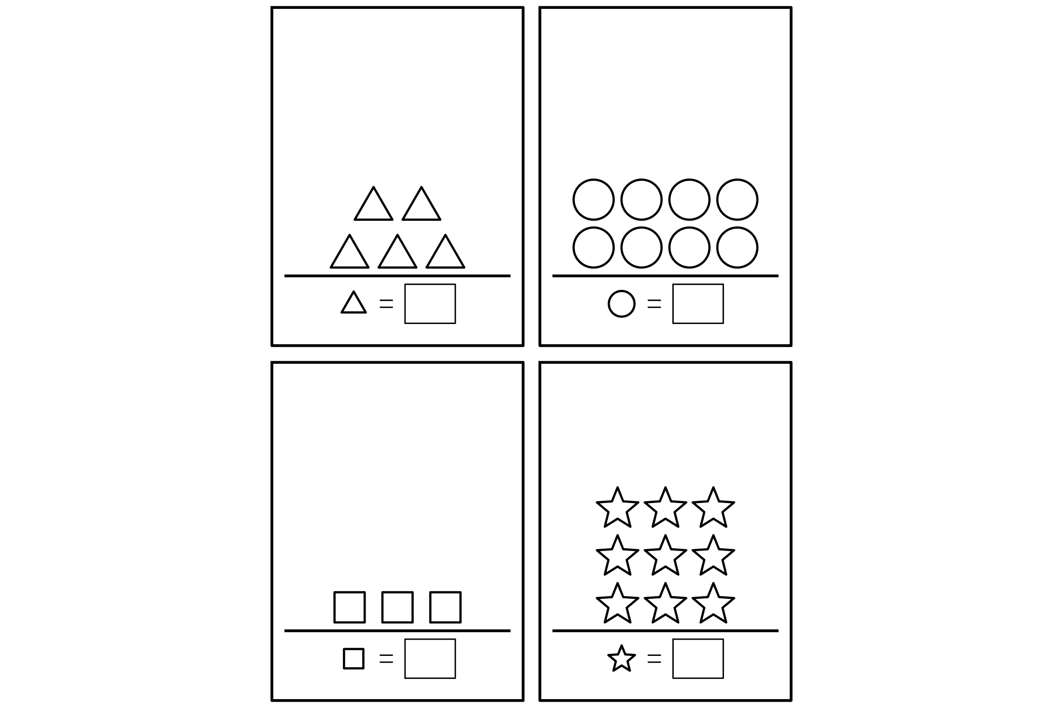 A counting worksheet with three to ten shapes on each shelf and a box for the number.