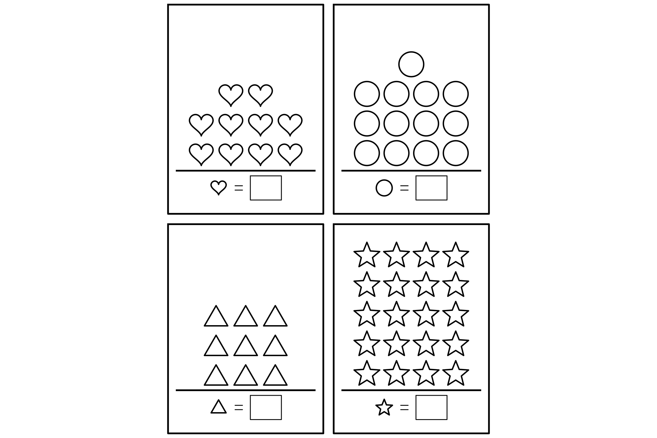 A worksheet with up to twenty shapes per shelf and a box under each one for a two-digit number.