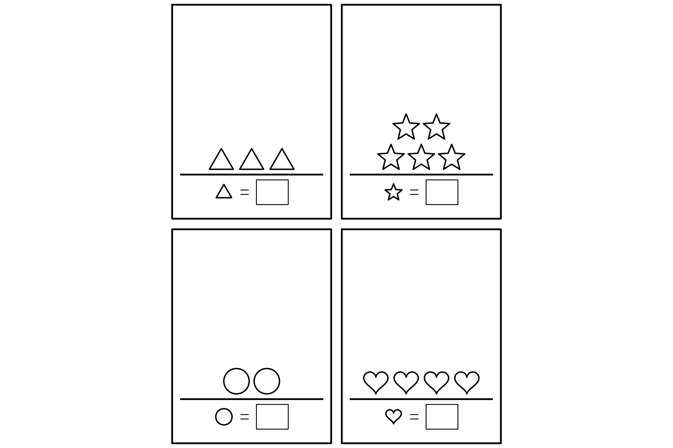 A worksheet of four counting exercises with up to five shapes each and an answer box under every shelf.