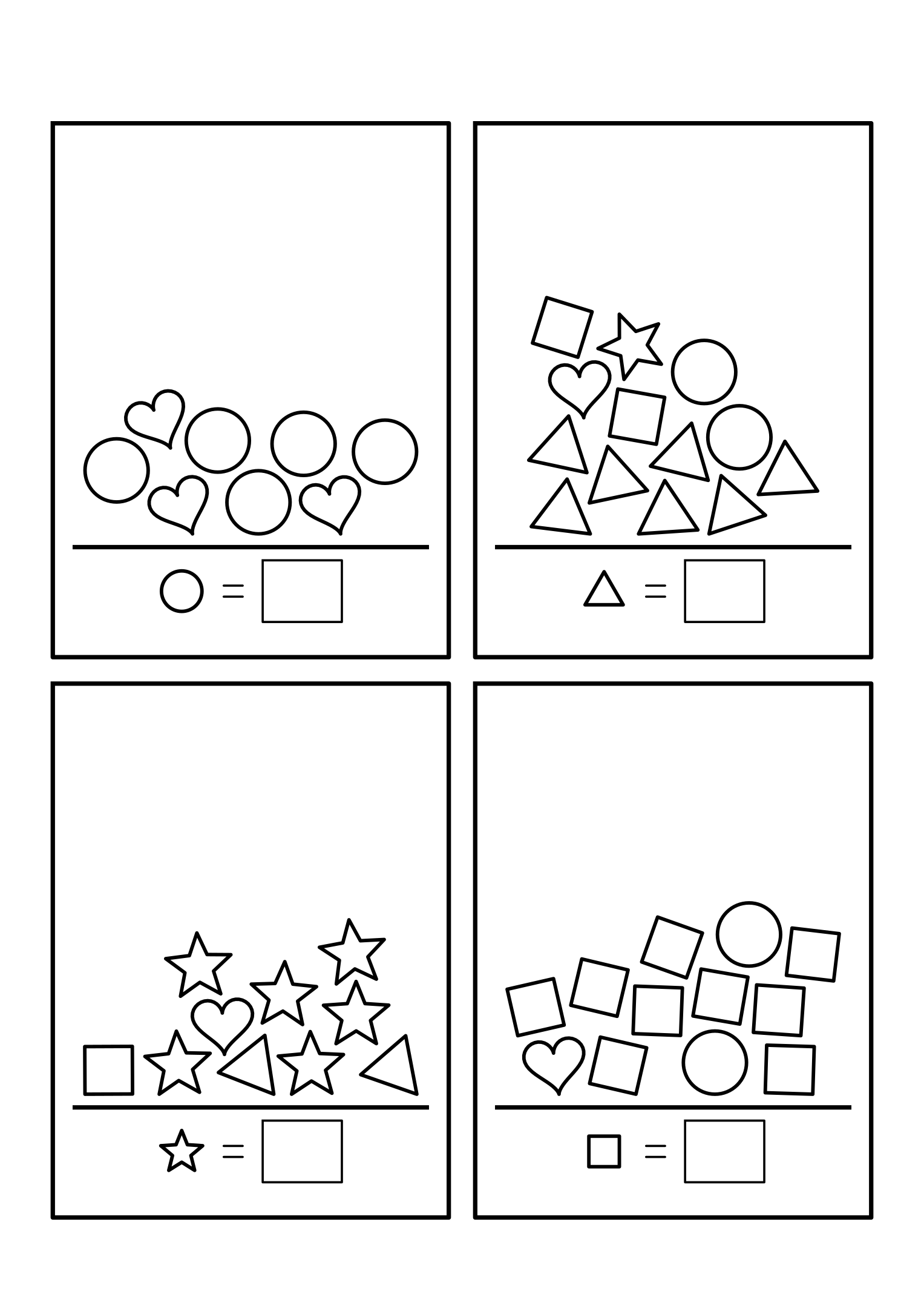 Counting to 10 with mixed shapes in heaps: pick out the kind shown, count it, write the number. Sheet 8.