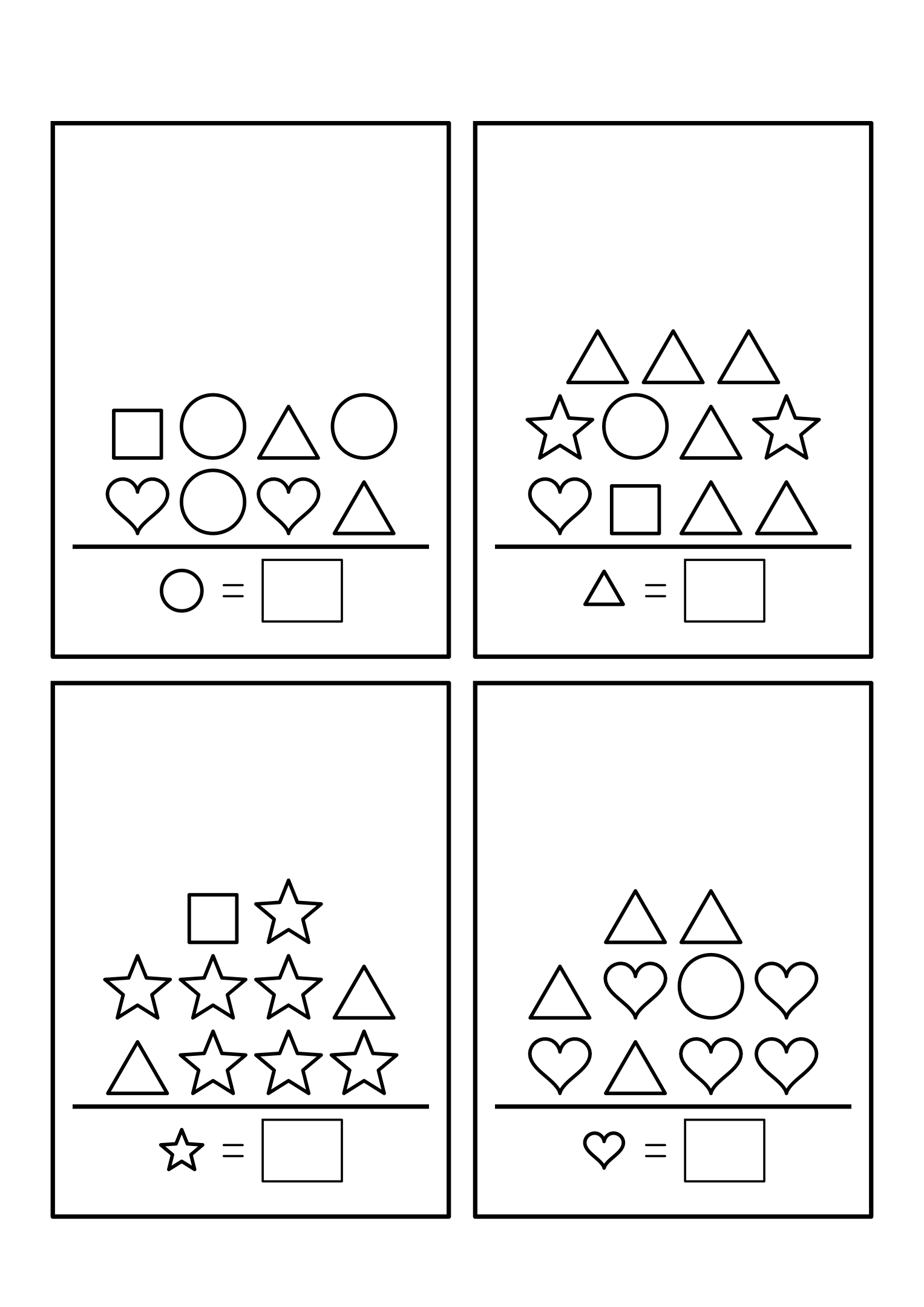 Counting to 10 with mixed shapes in rows: find the kind shown beside each box, then count it. Sheet 7.