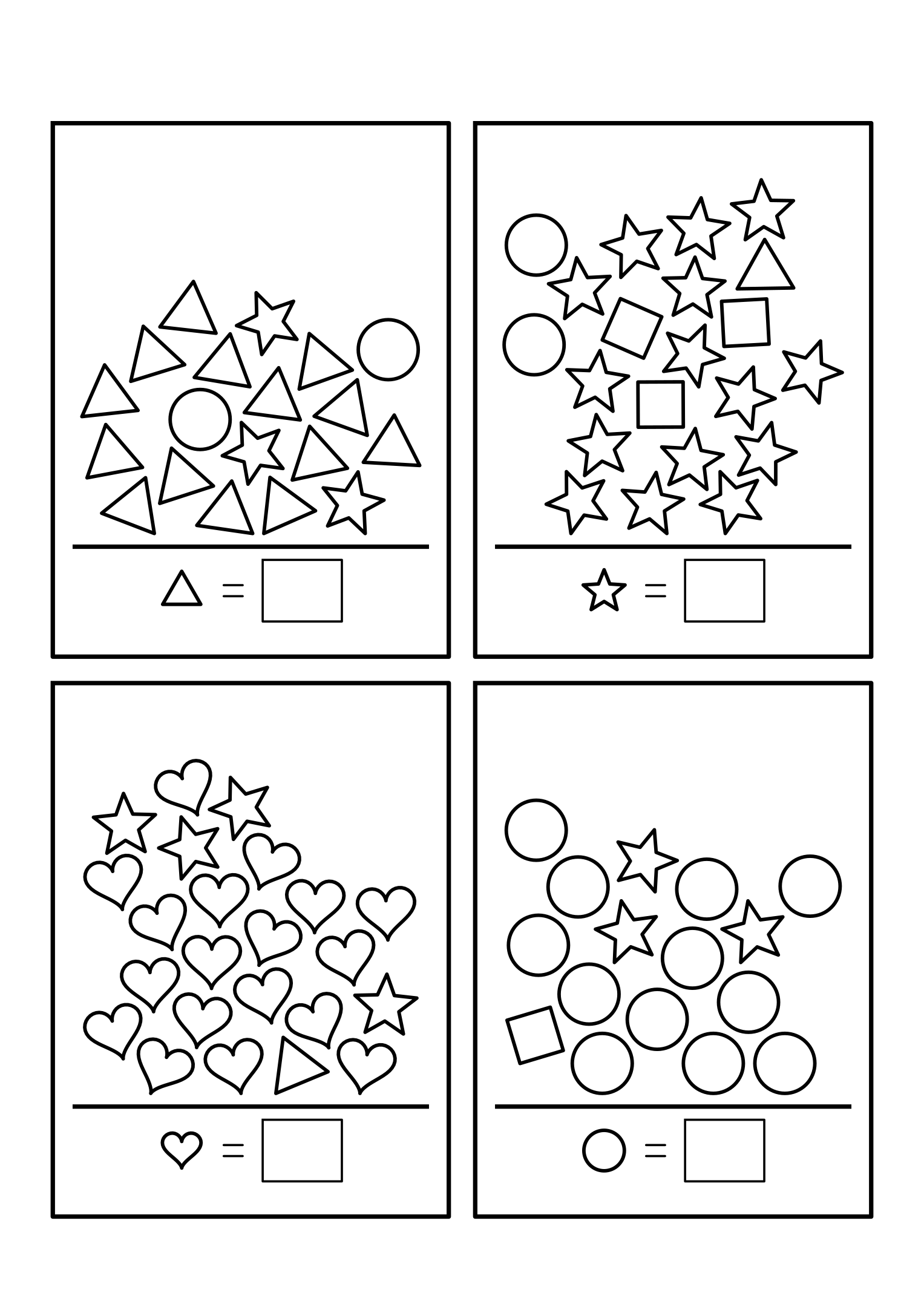 Counting to 20 with mixed shapes in heaps: pick out the kind shown, count it, write the number. Sheet 12.