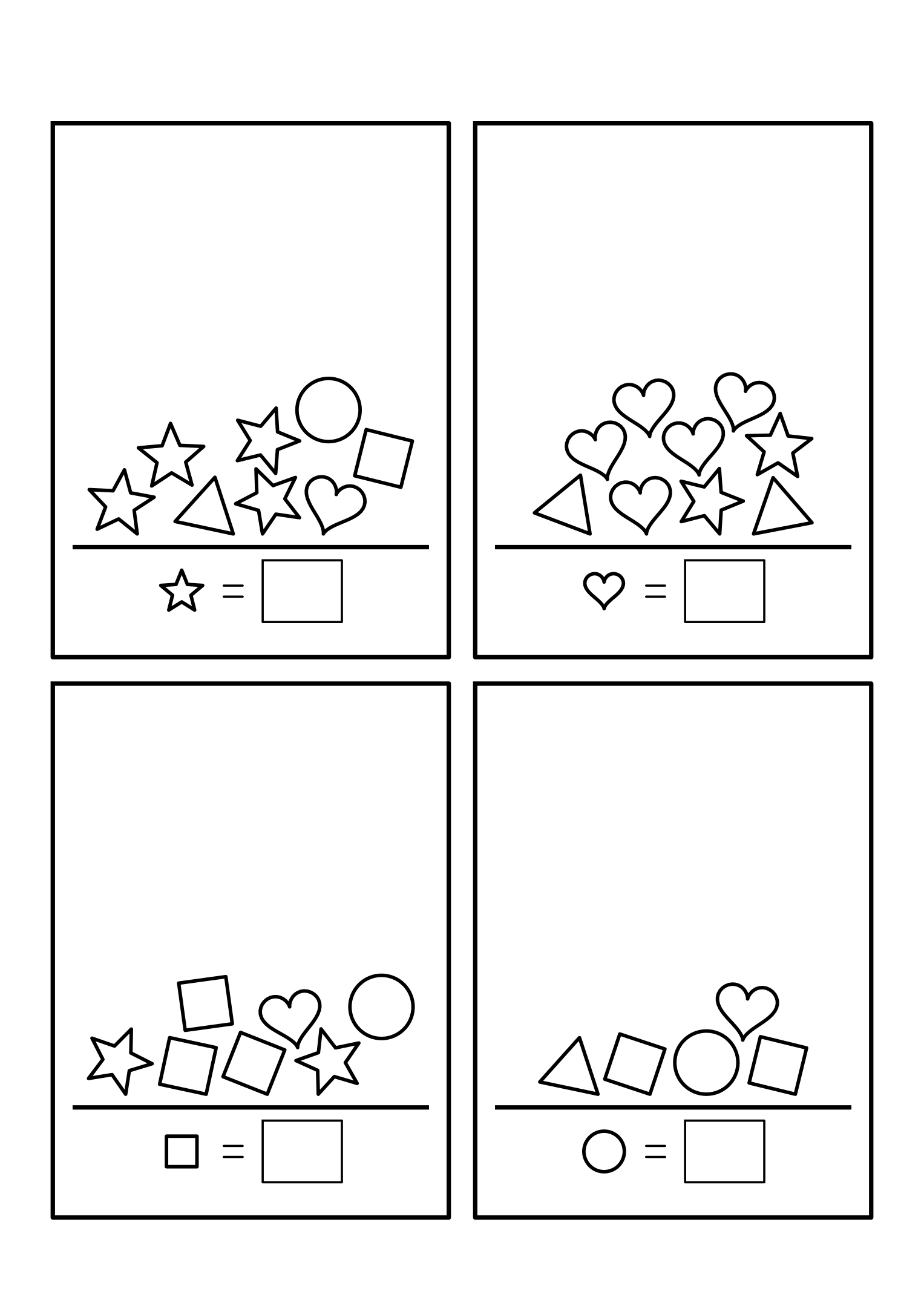 Counting to 5 with mixed shapes in heaps: pick out the kind shown, count it, write the number. Sheet 4.