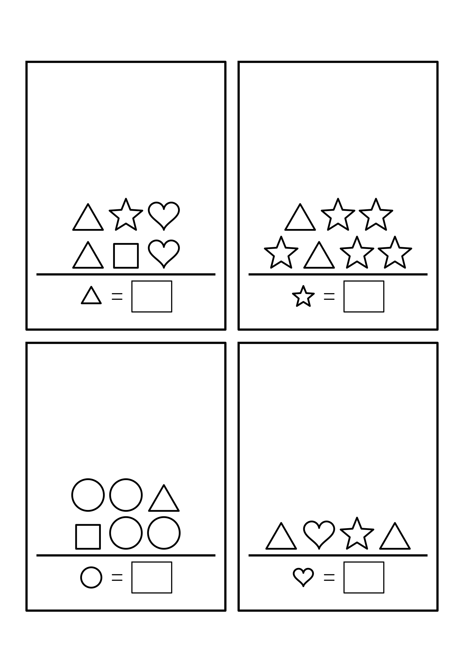 Counting to 5 with mixed shapes in rows: find the kind shown beside each box, then count it. Sheet 3.