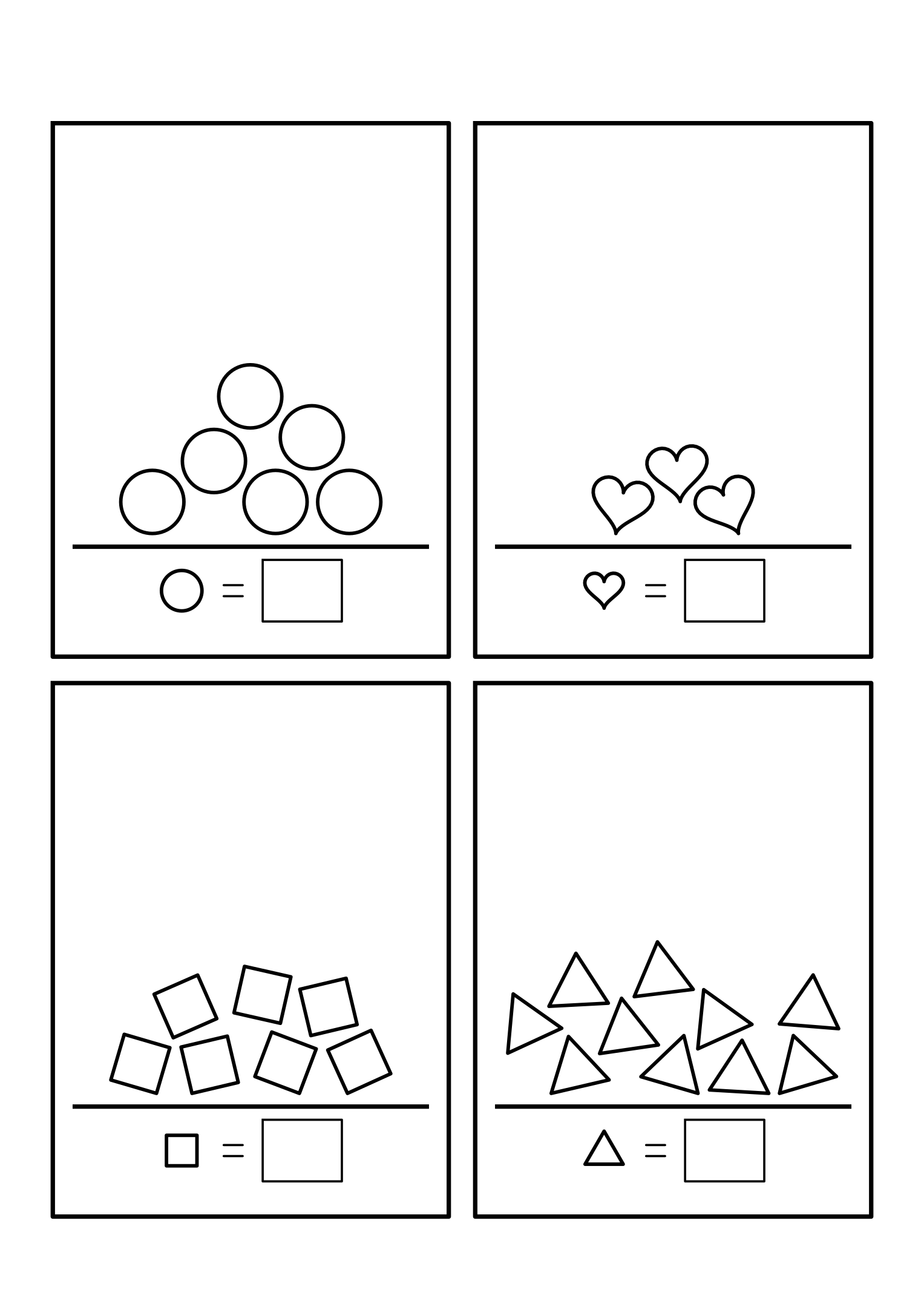 Four shelves of 3 to 10 shapes piled up, each total in its box. Variant 1.