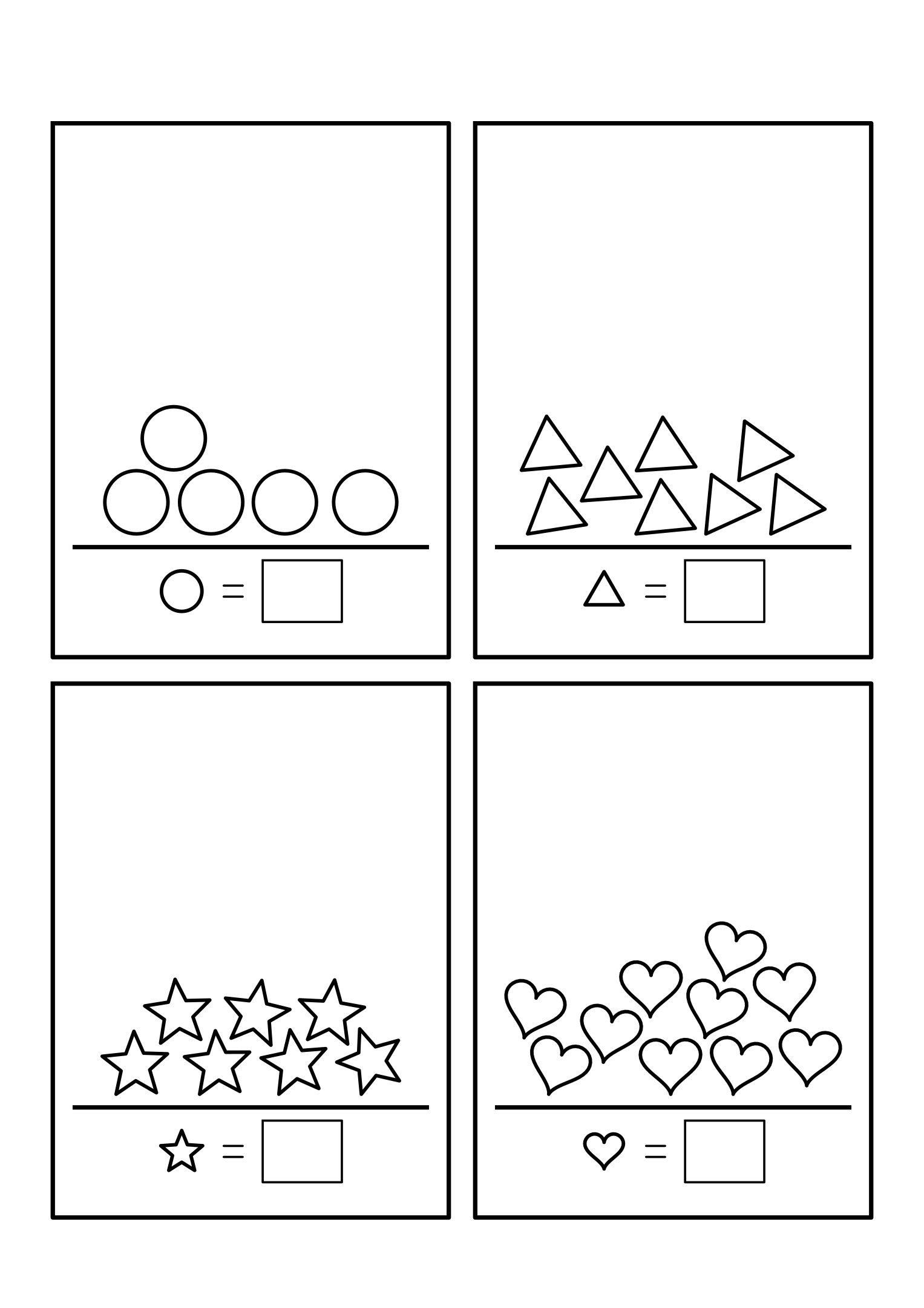 Four shelves of 3 to 10 shapes piled up, each total in its box. Variant 2.