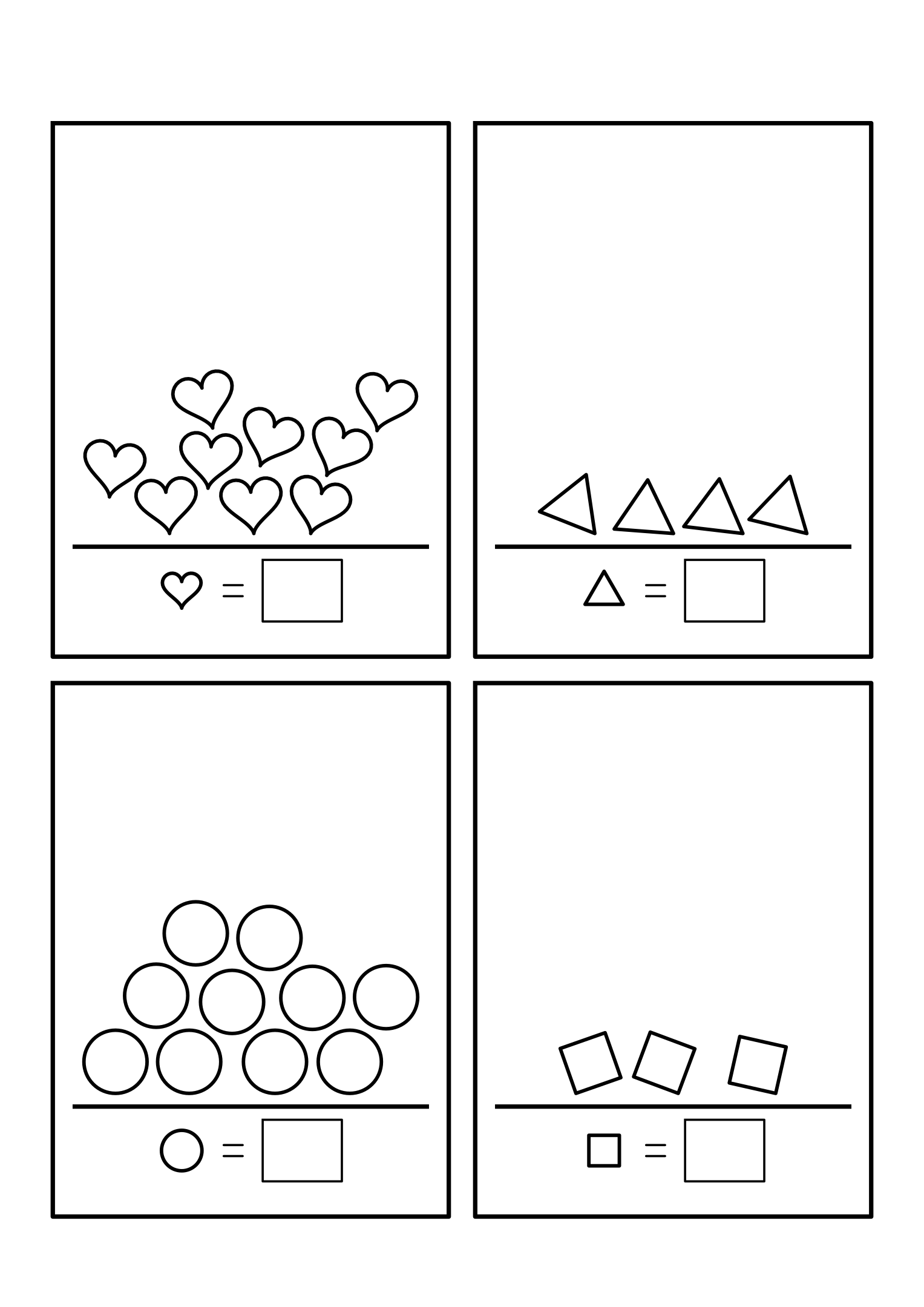 Counting to 10: four heaps of shapes on their shelves; count the kind shown and write how many. Sheet 6.