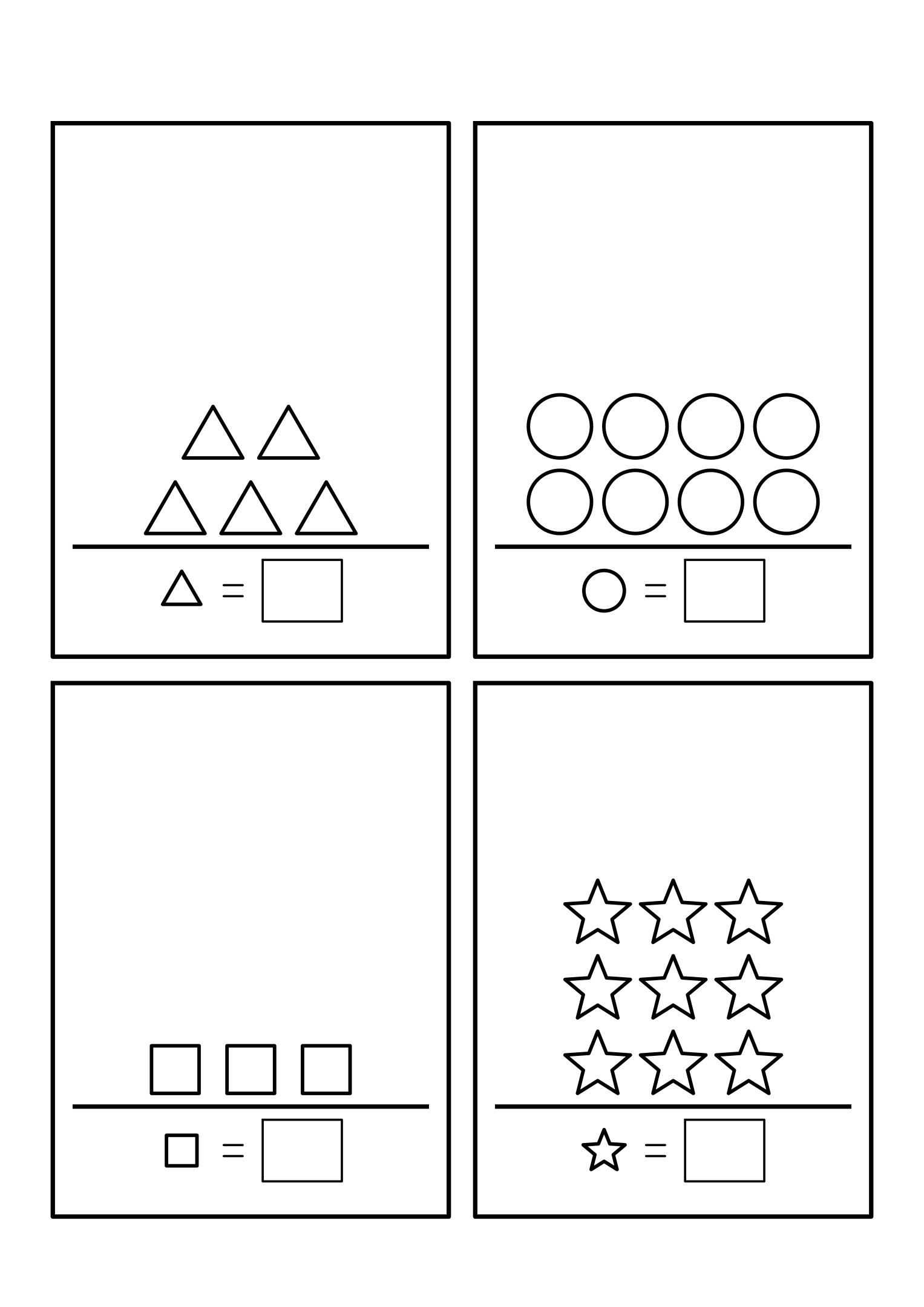 Four shelves of 3 to 10 upright shapes to count, totals written in the boxes. Variant 1.