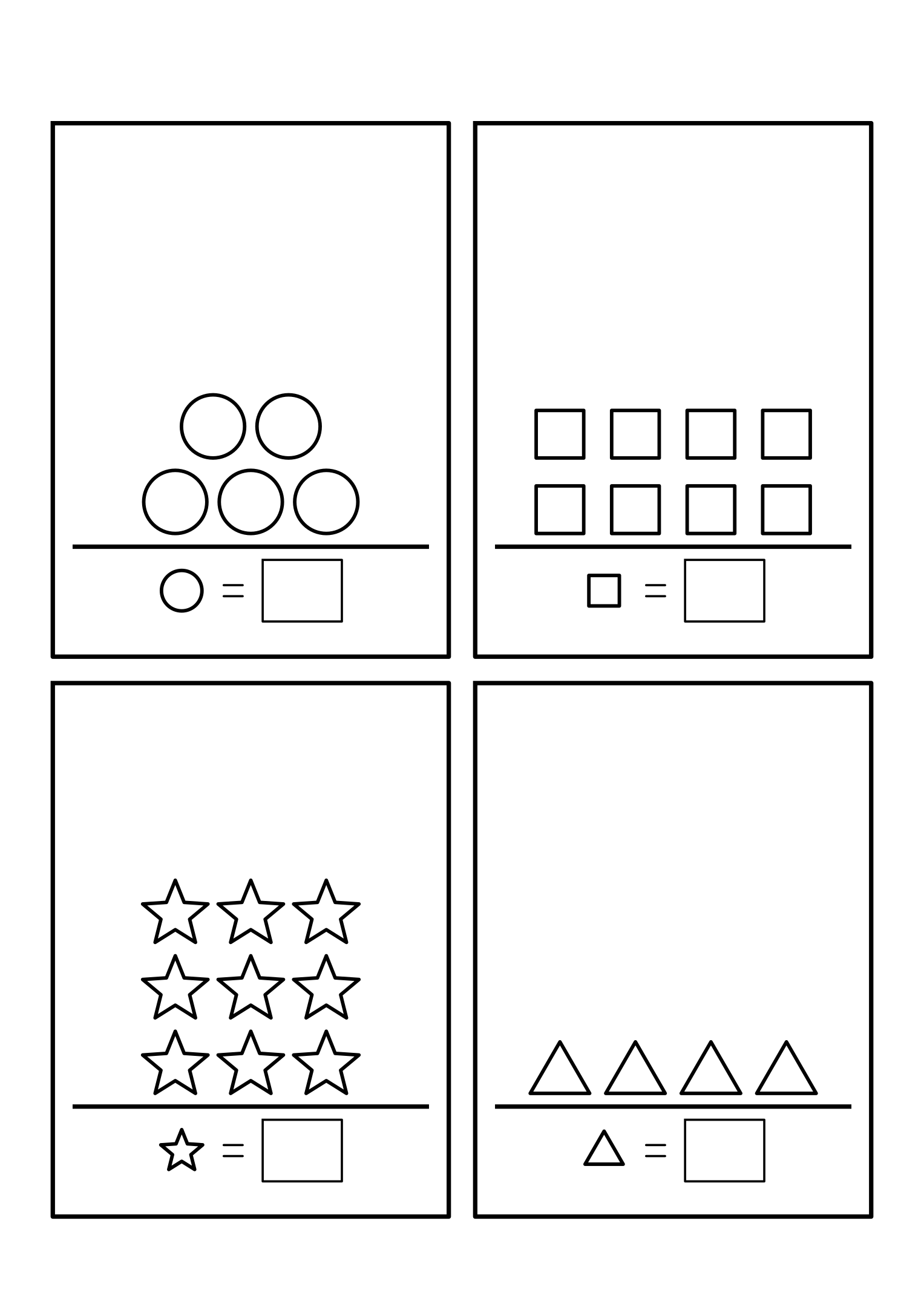 Four shelves of 3 to 10 upright shapes to count, totals written in the boxes. Variant 2.