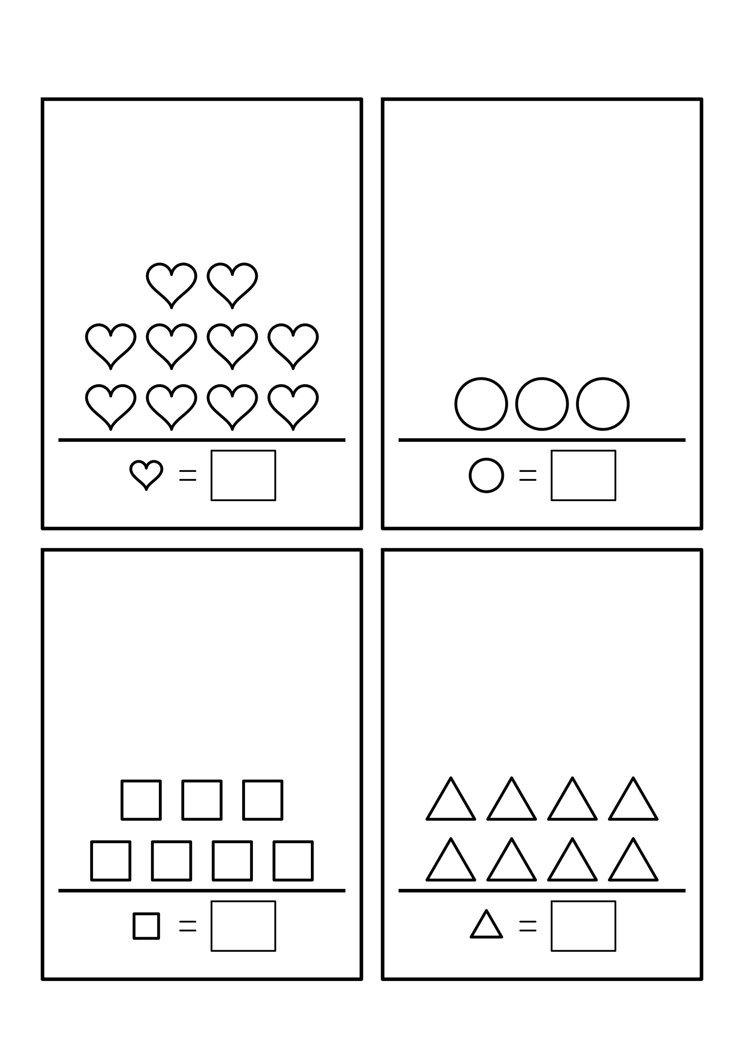Counting to 10: four frames of shapes standing in rows; count the kind shown and write how many. Sheet 5.