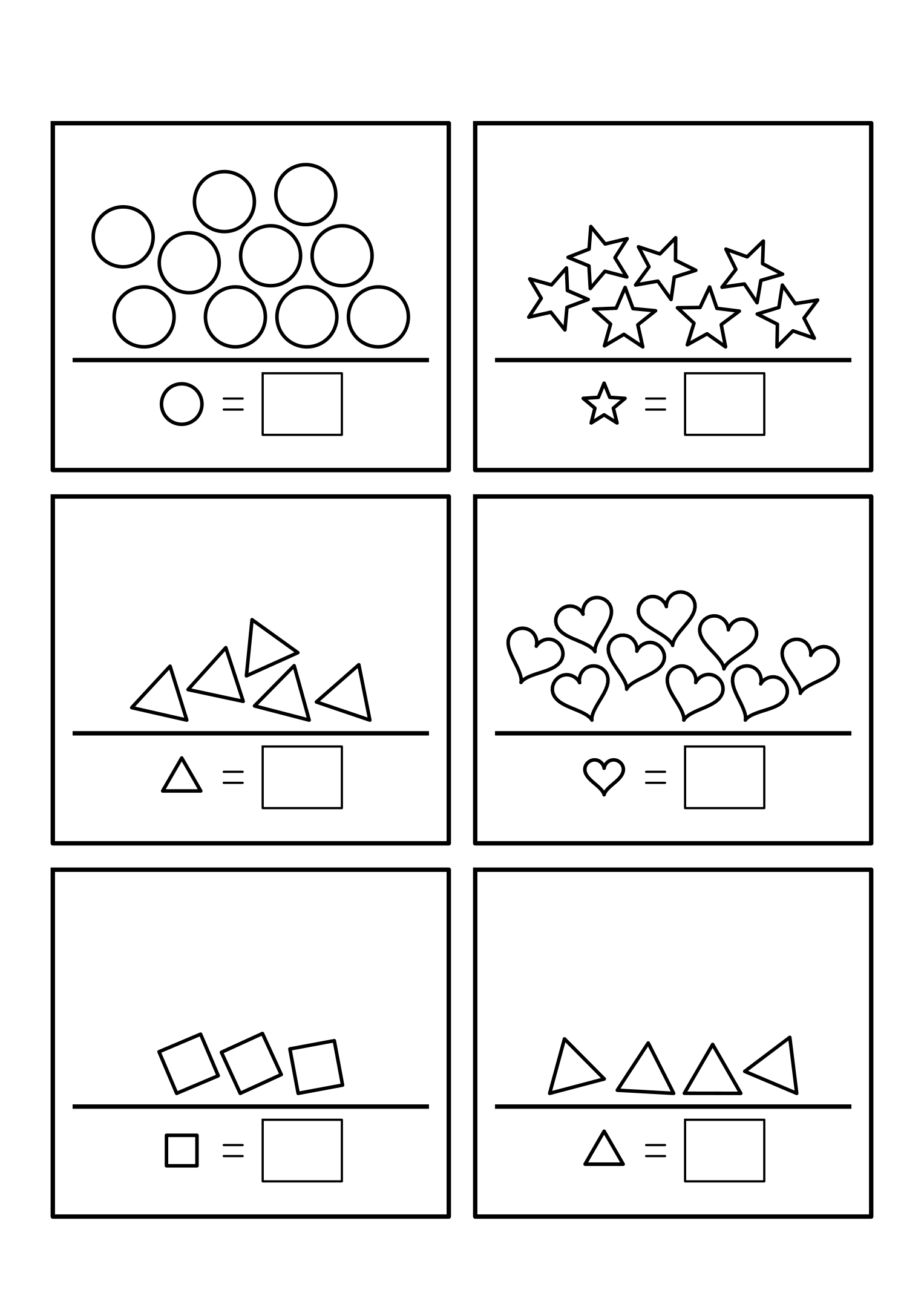 Six counting frames holding 3 to 10 shapes in loose heaps. Variant 1.
