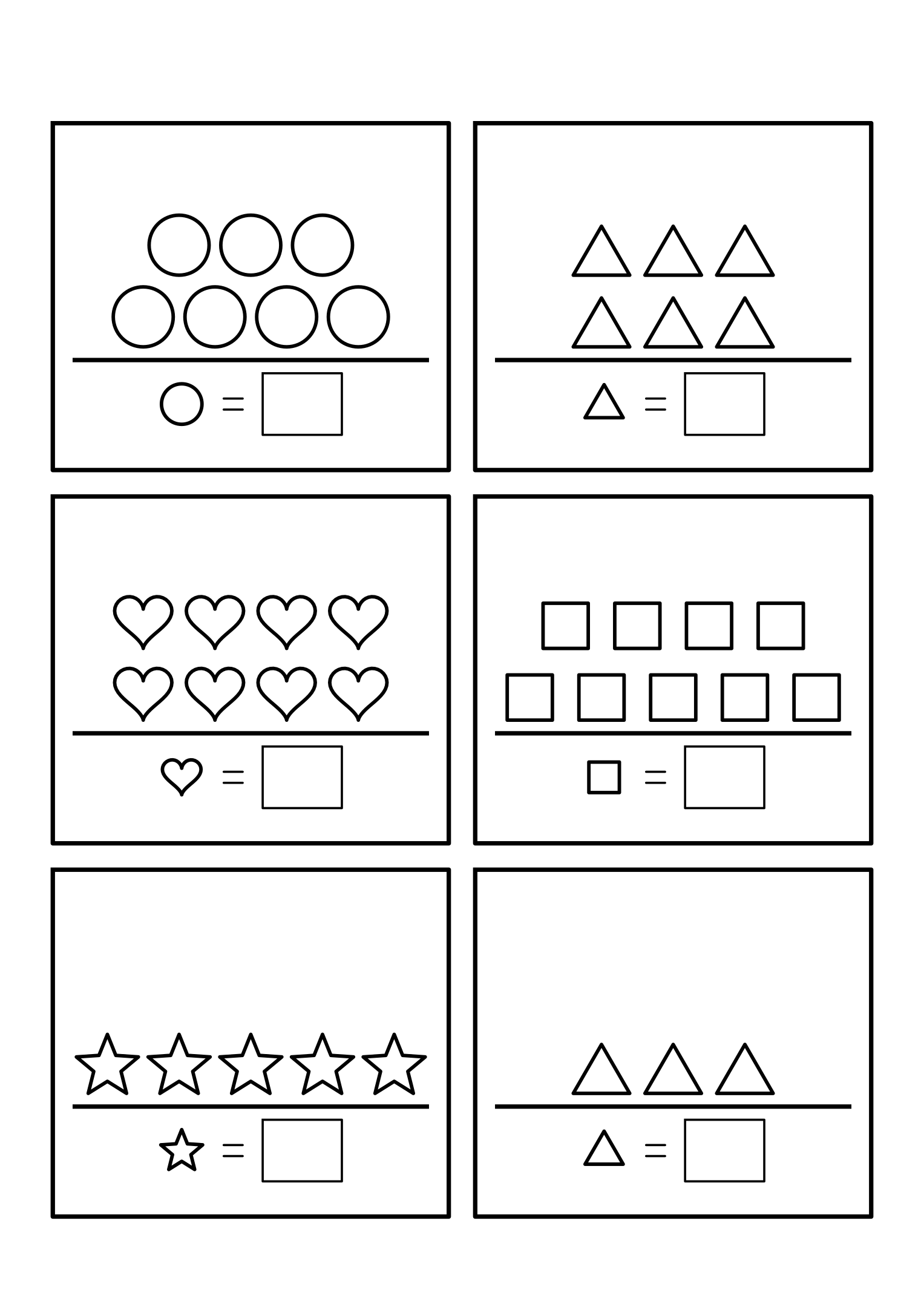 Six counting frames holding 3 to 10 shapes in even rows. Variant 1.