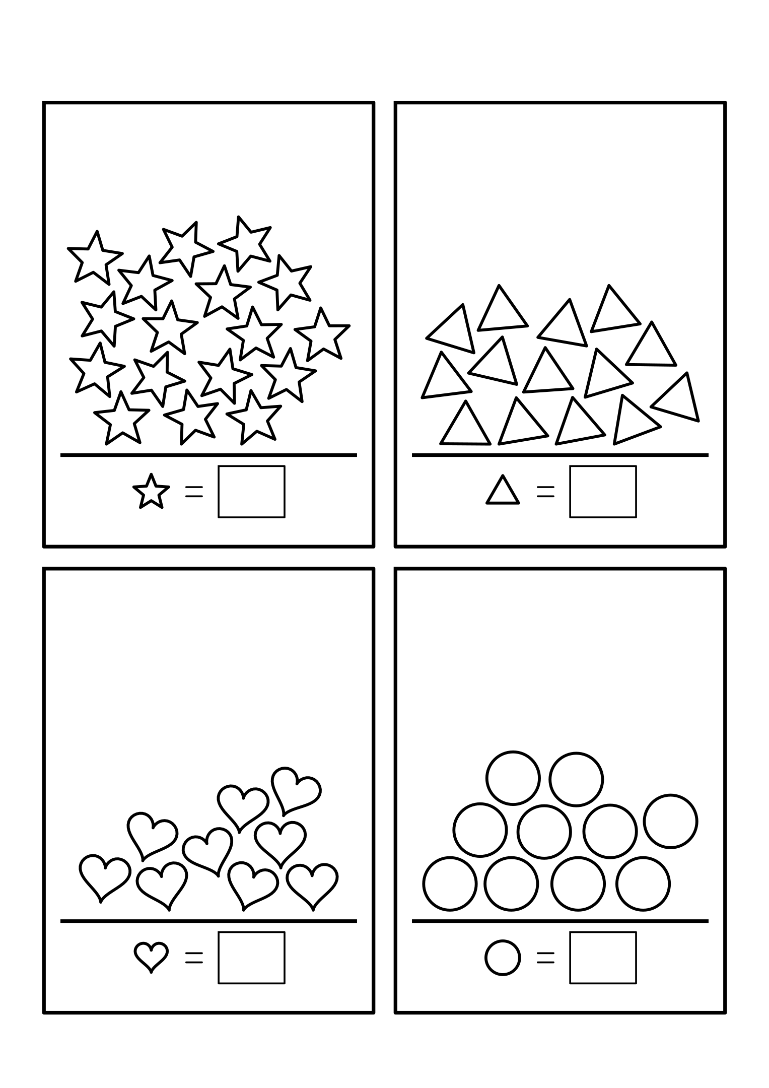 Four exercises counting 8 to 20 shapes from a crowded heap. Variant 1.