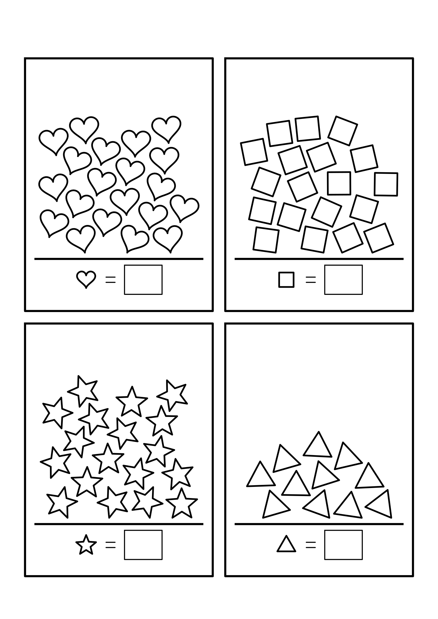 Counting to 20: four heaps of shapes on their shelves; count the kind shown and write how many. Sheet 10.
