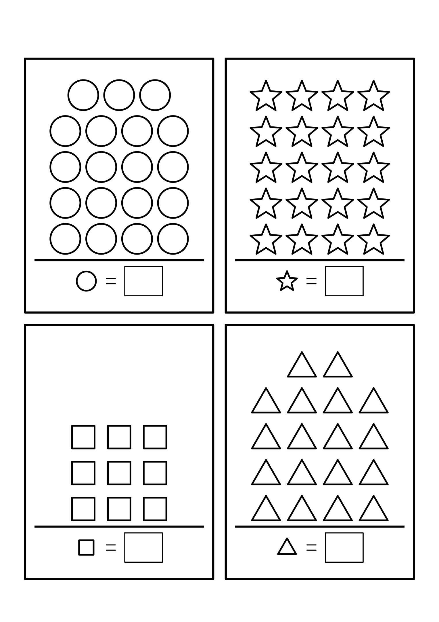 Counting to 20: four frames of shapes standing in rows; count the kind shown and write how many. Sheet 9.