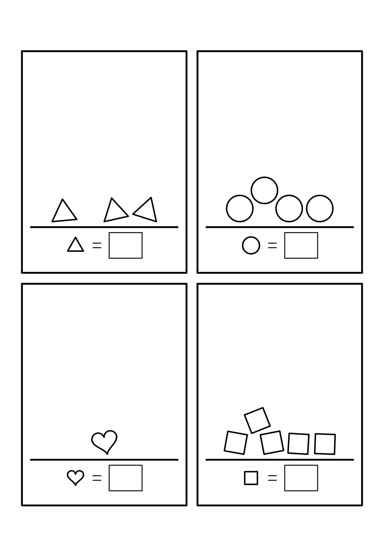 Four exercises with 1 to 5 shapes in a small heap on the shelf. Variant 1.