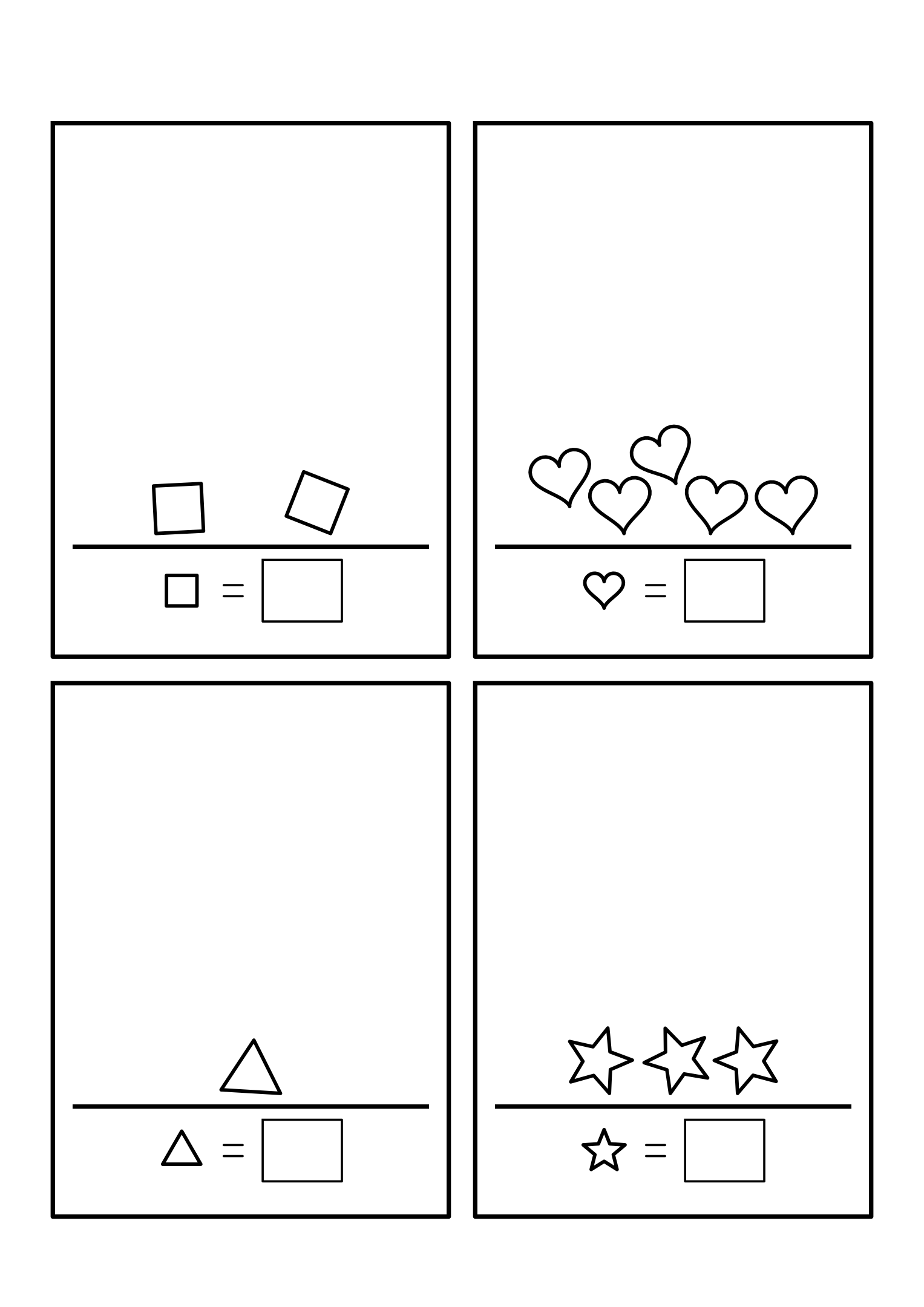 Counting to 5: four heaps of shapes on their shelves; count the kind shown and write how many. Sheet 2.