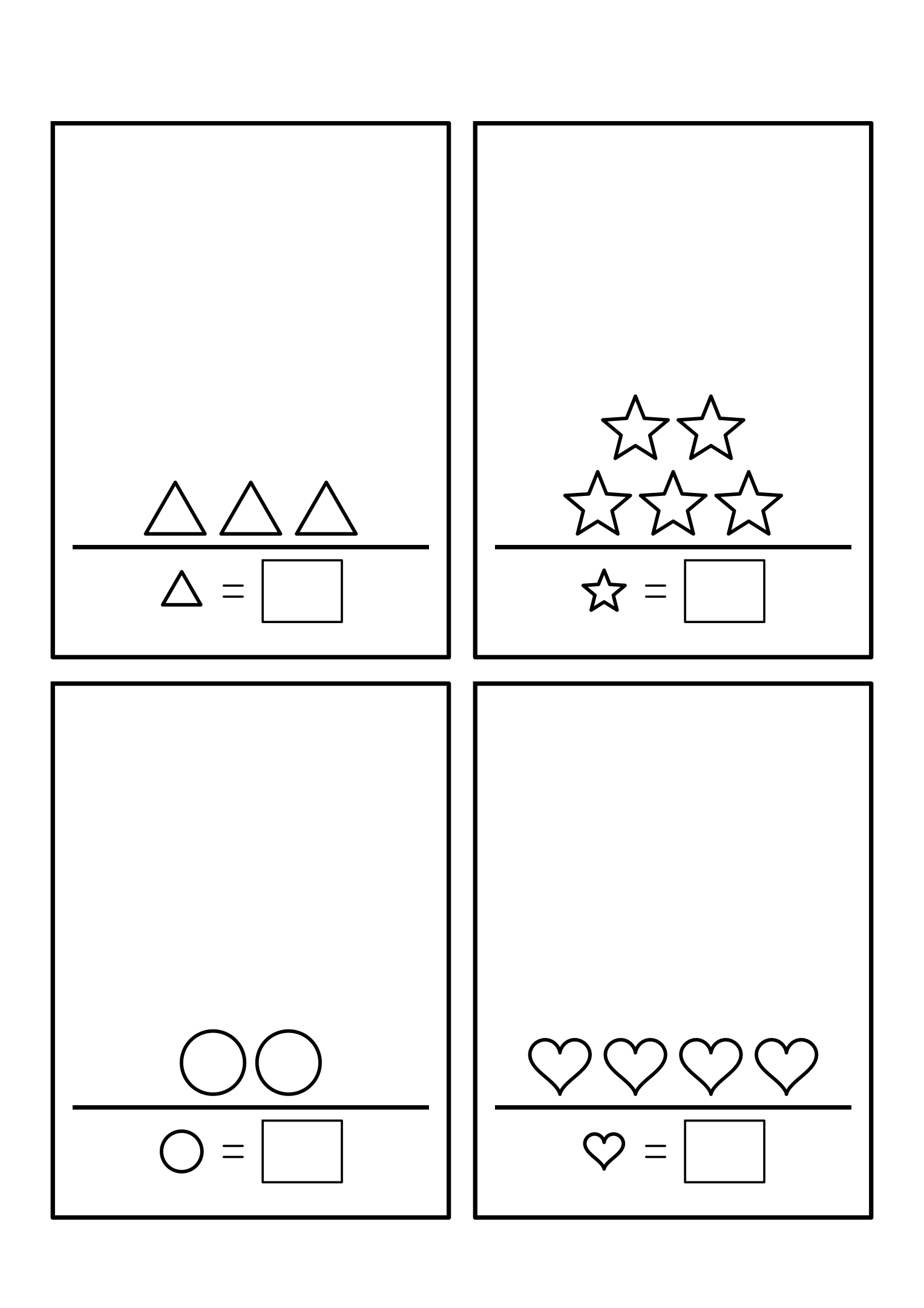 Four exercises with 1 to 5 shapes standing in a row, to count and write. Variant 1.