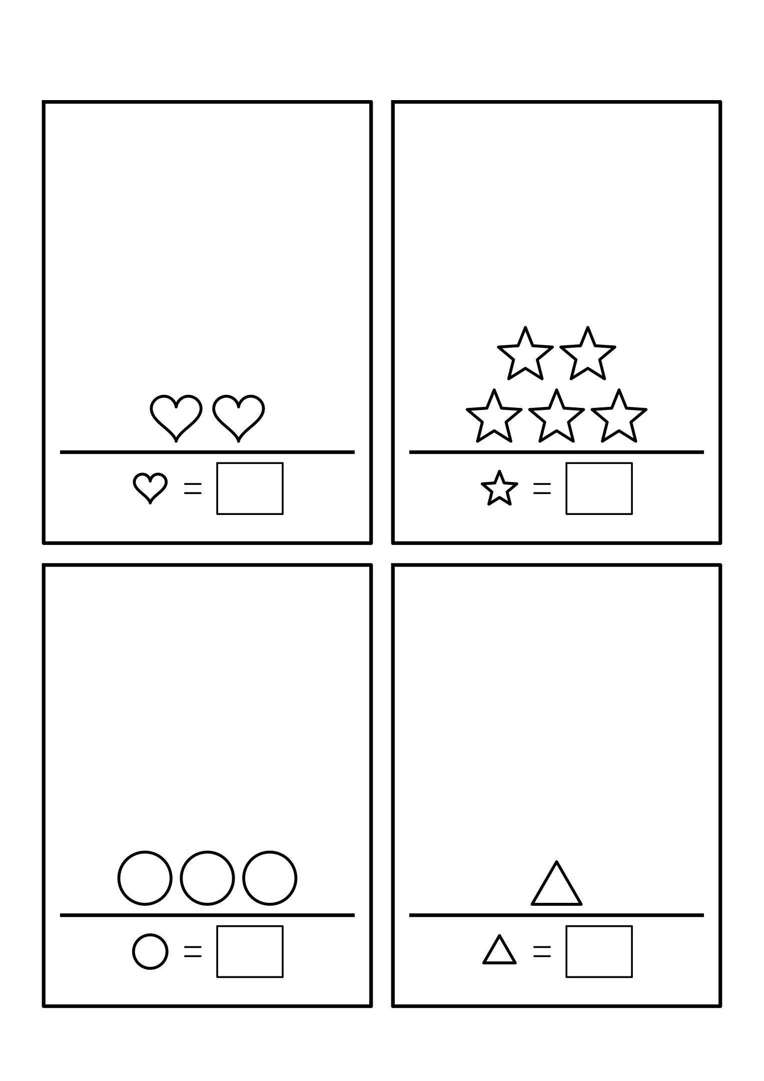 Counting to 5: four frames of shapes standing in rows; count the kind shown and write how many. Sheet 1.
