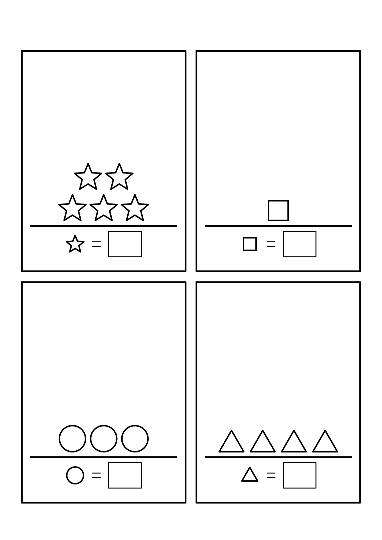 Four exercises with 1 to 5 shapes standing in a row, to count and write. Variant 2.