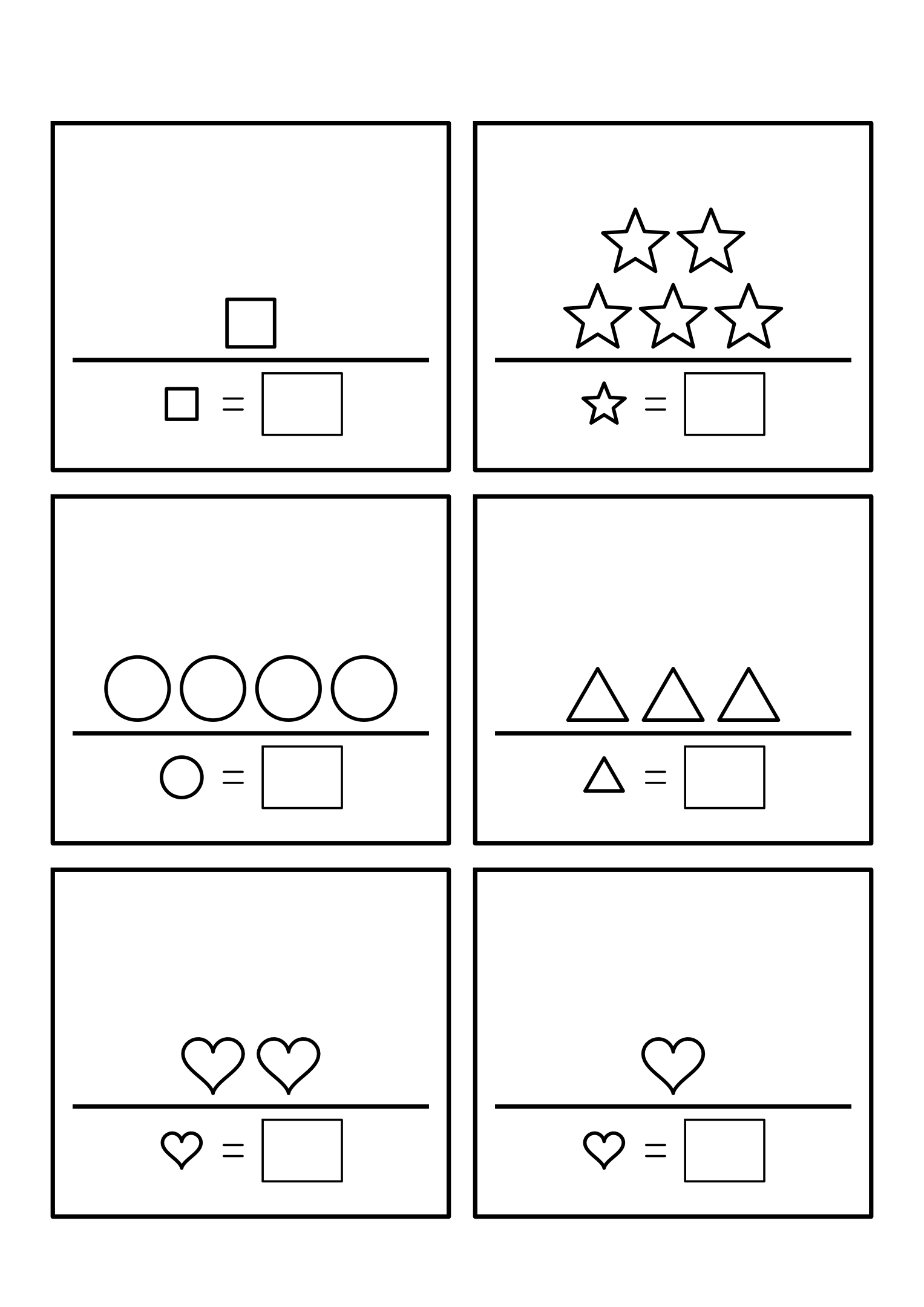 Six exercises of up to five upright shapes, a number box under each. Variant 1.