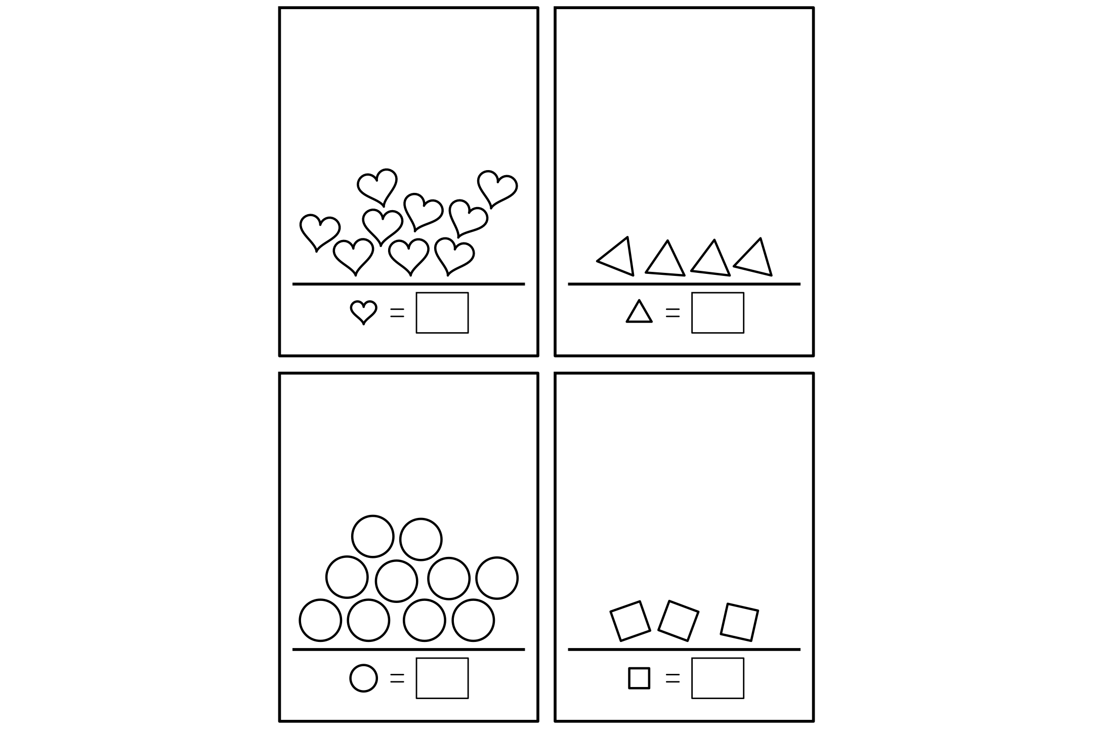 A counting worksheet with four frames of shapes lying in heaps, each frame with a box for the number counted.