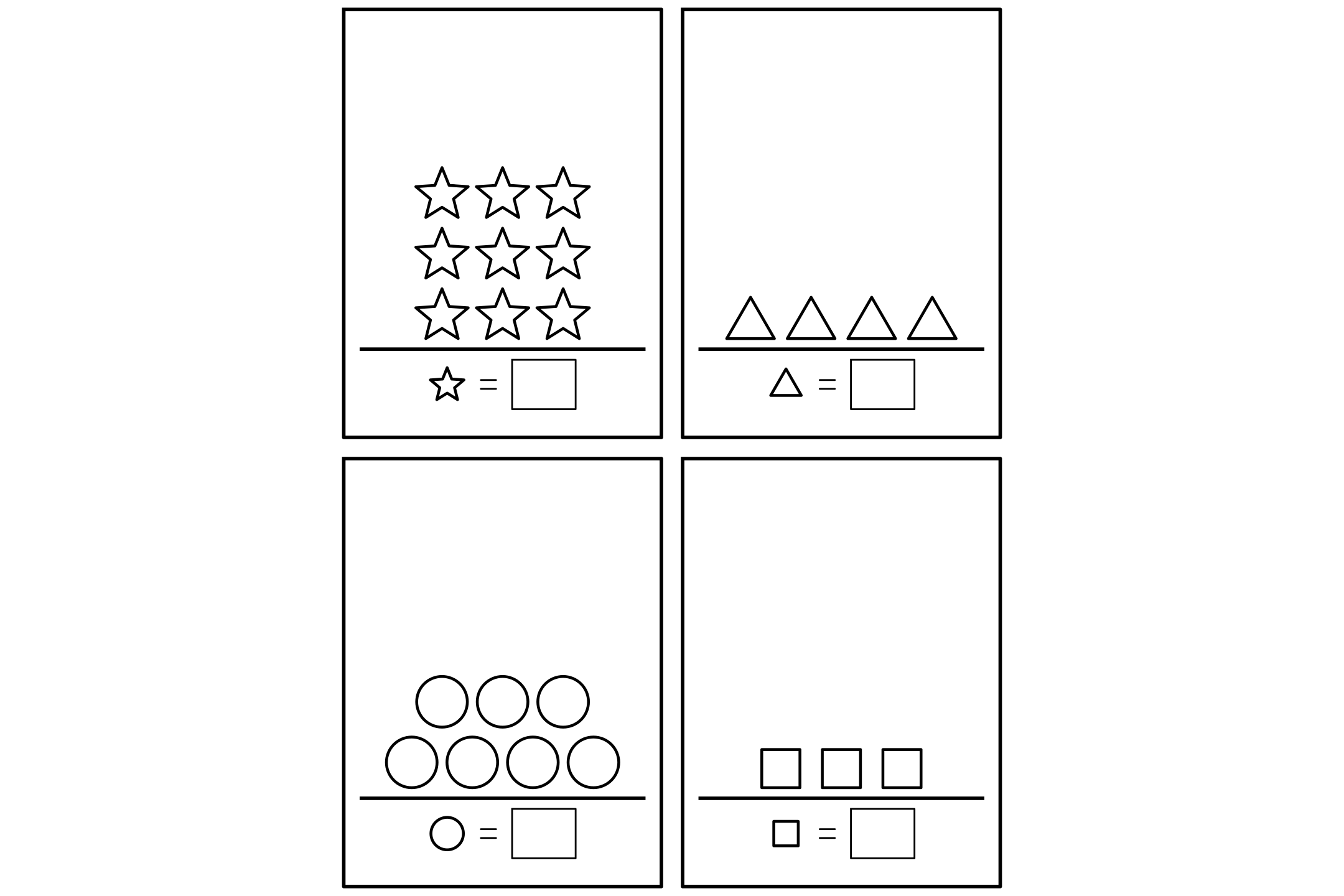 A counting worksheet with shapes resting on shelves, and under each shelf a shape, an equal sign and a box.