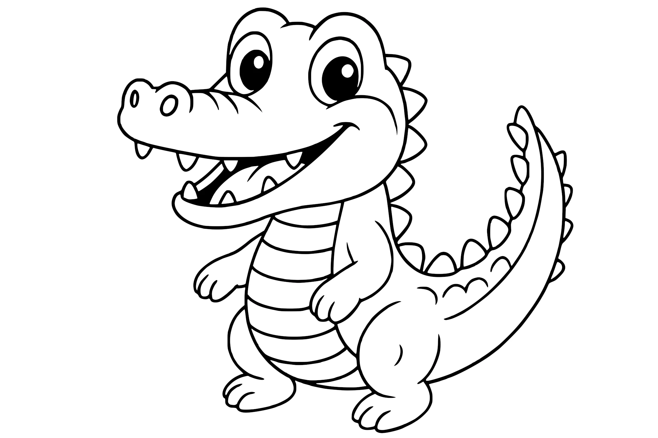 Crocodile with big eyes, sharp teeth, short legs, and a long tail covered in spiky scales.