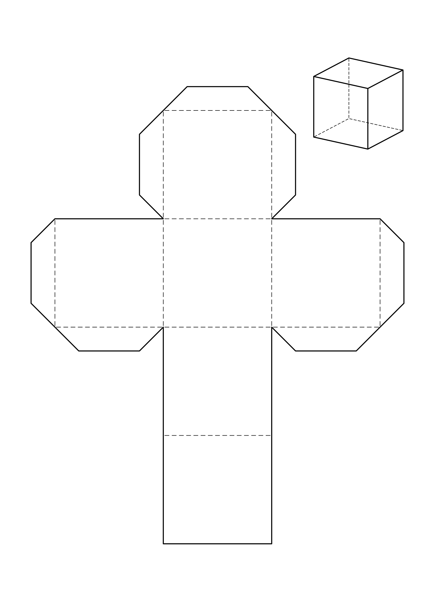 Cube net: six squares in one piece, with tabs to glue the edges that the net leaves open.