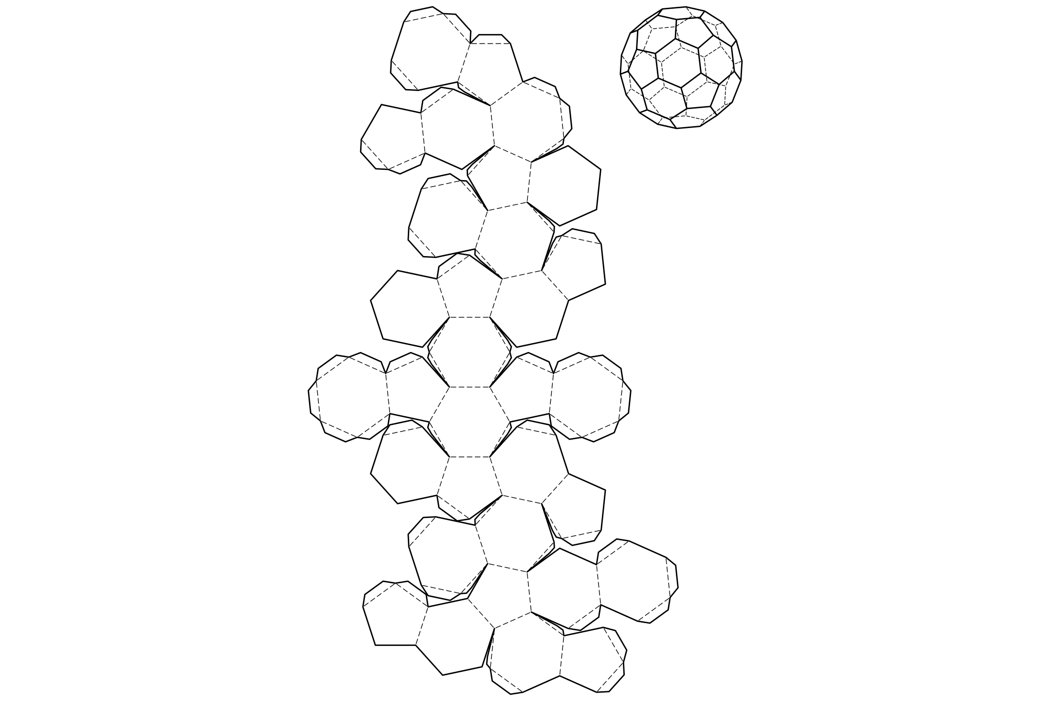The flat net of a truncated icosahedron with its glue tabs, next to a drawing of the folded soccer ball shape.