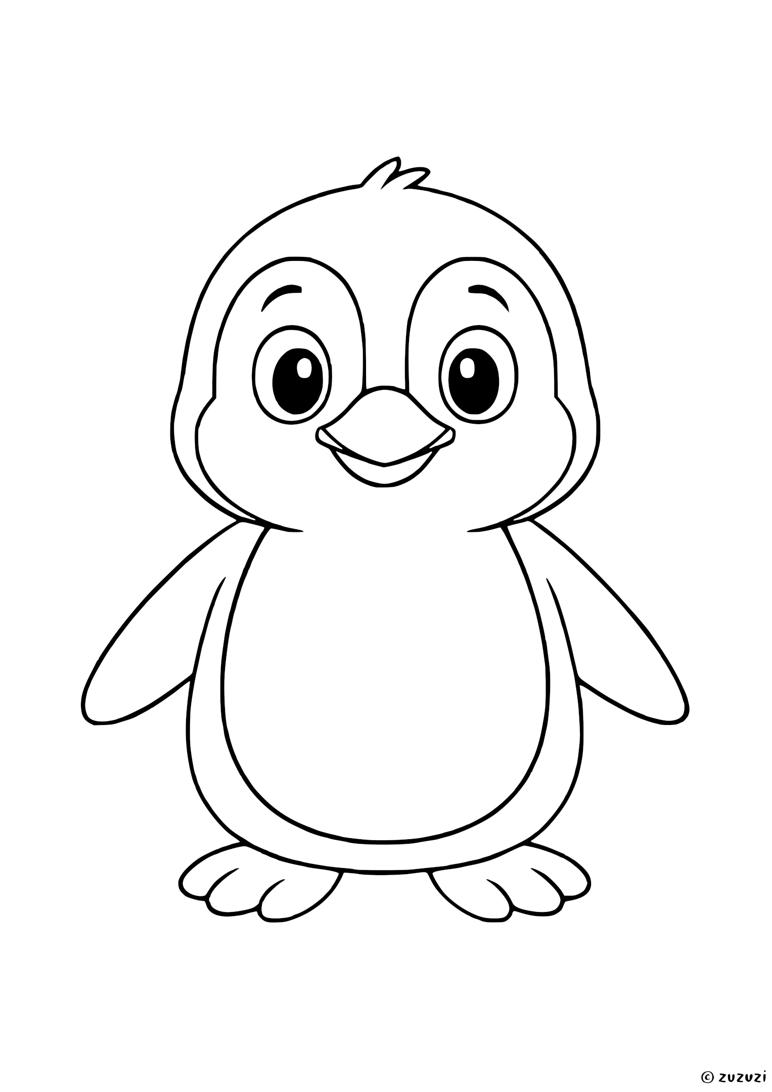 Coloring page of a cheerful penguin with big eyes, flippers raised, and webbed feet in a dancing pose.