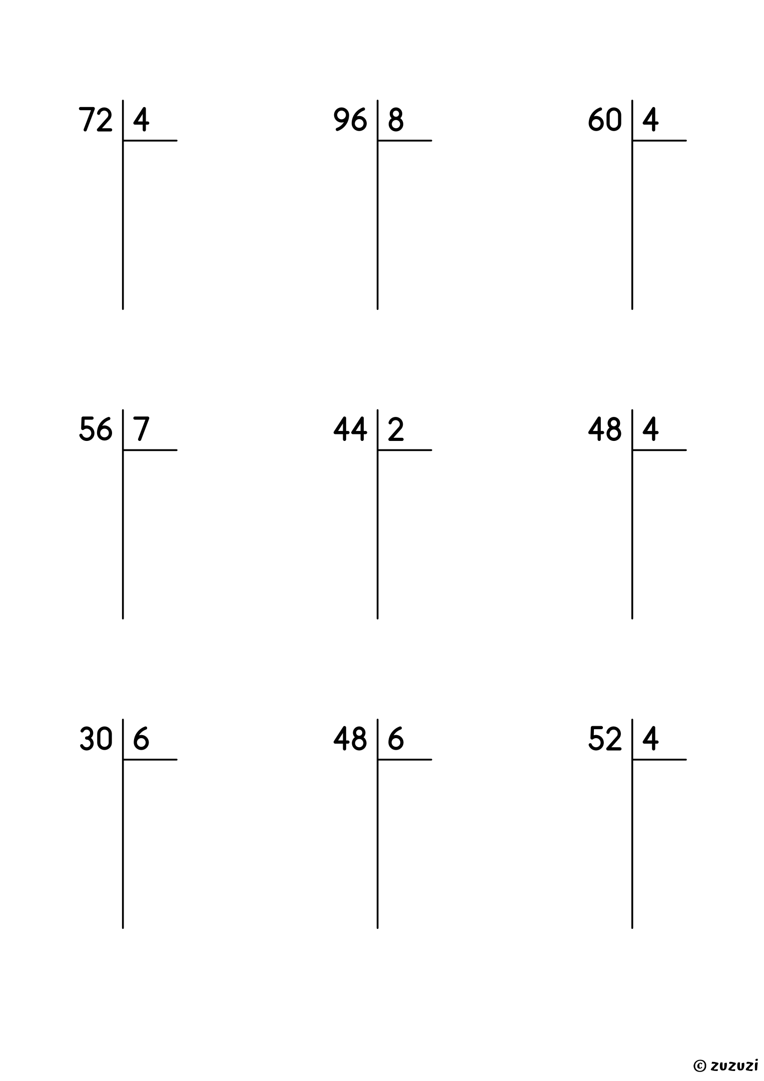 Worksheet with nine long division problems, each a 2-digit number divided by a one-digit number, with no remainder, and room under each dividend to write every step.