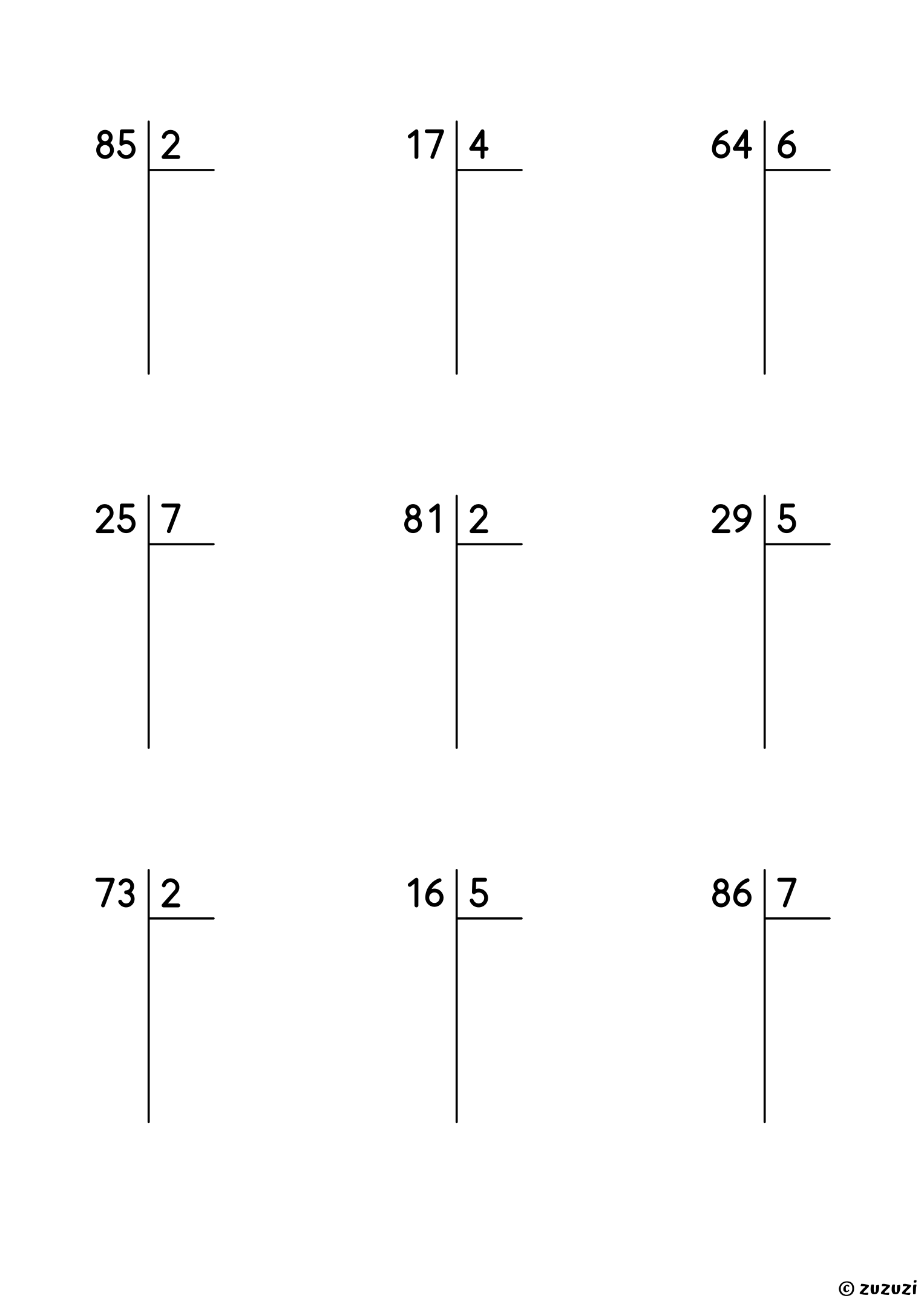 Worksheet with nine long division problems, each a 2-digit number divided by a one-digit number, with a remainder, and room under each dividend to write every step.