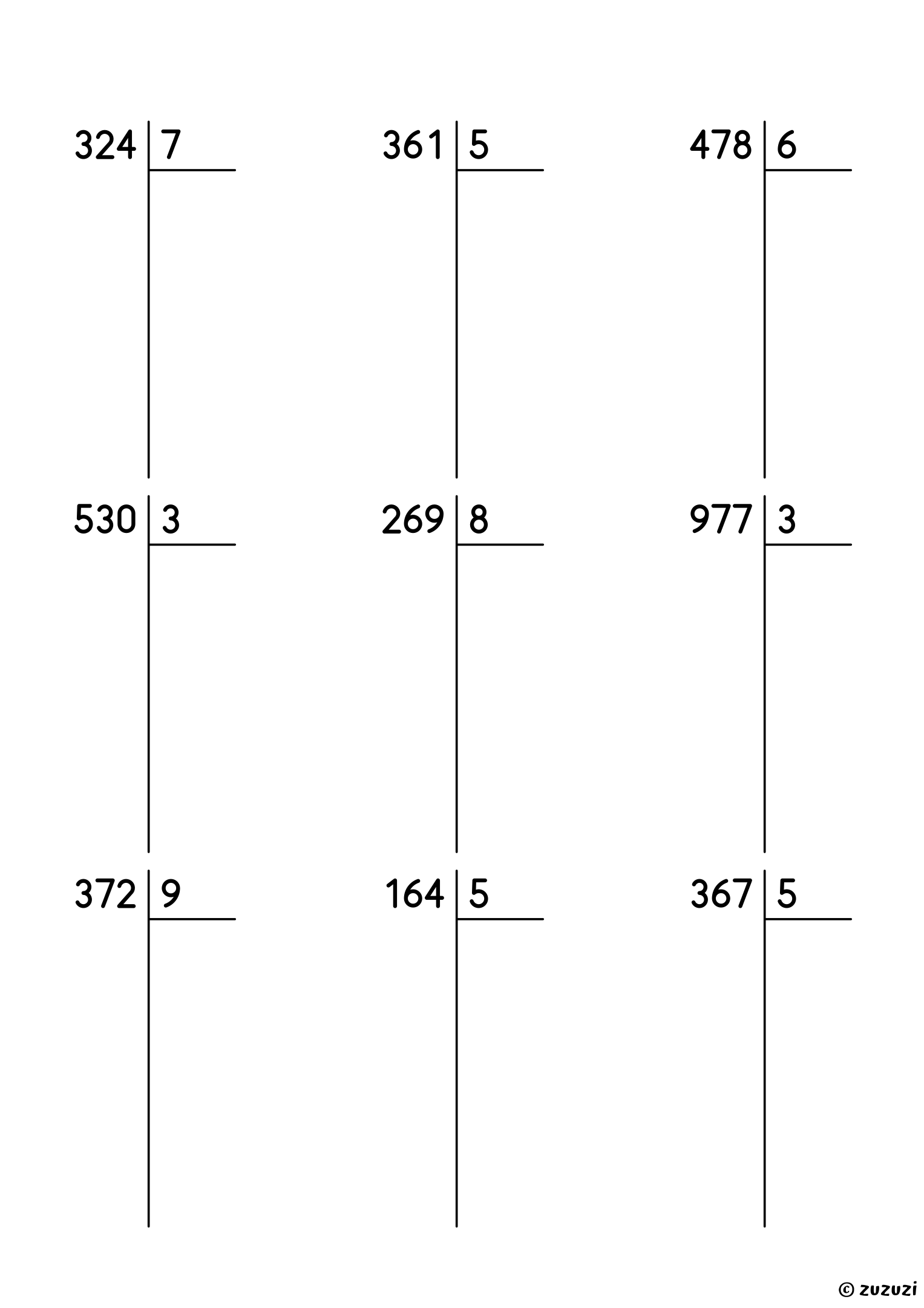 Worksheet with nine long division problems, each a 3-digit number divided by a one-digit number, with a remainder, and room under each dividend to write every step.