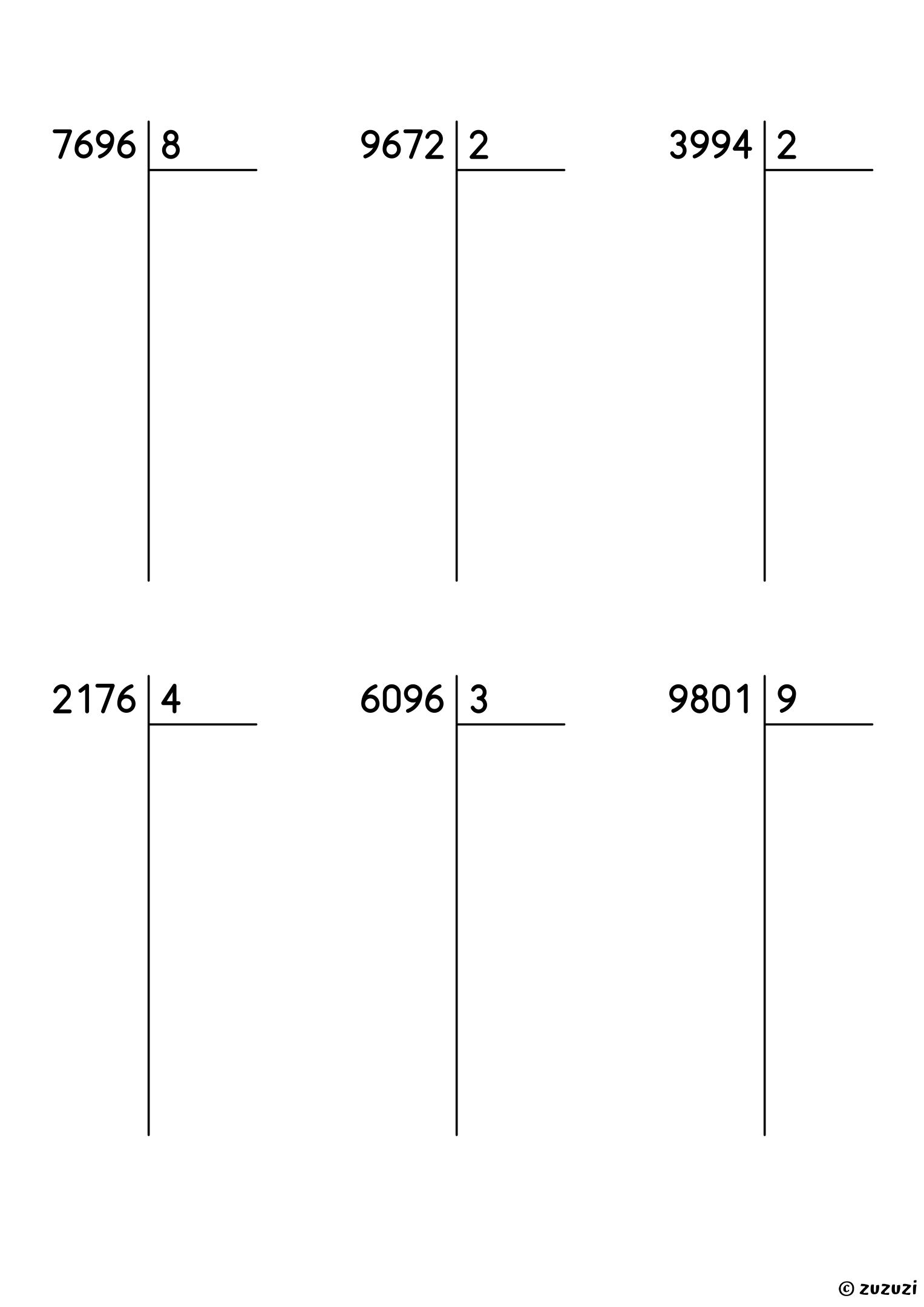 Worksheet with six long division problems, each a 4-digit number divided by a one-digit number, with no remainder, and room under each dividend to write every step.