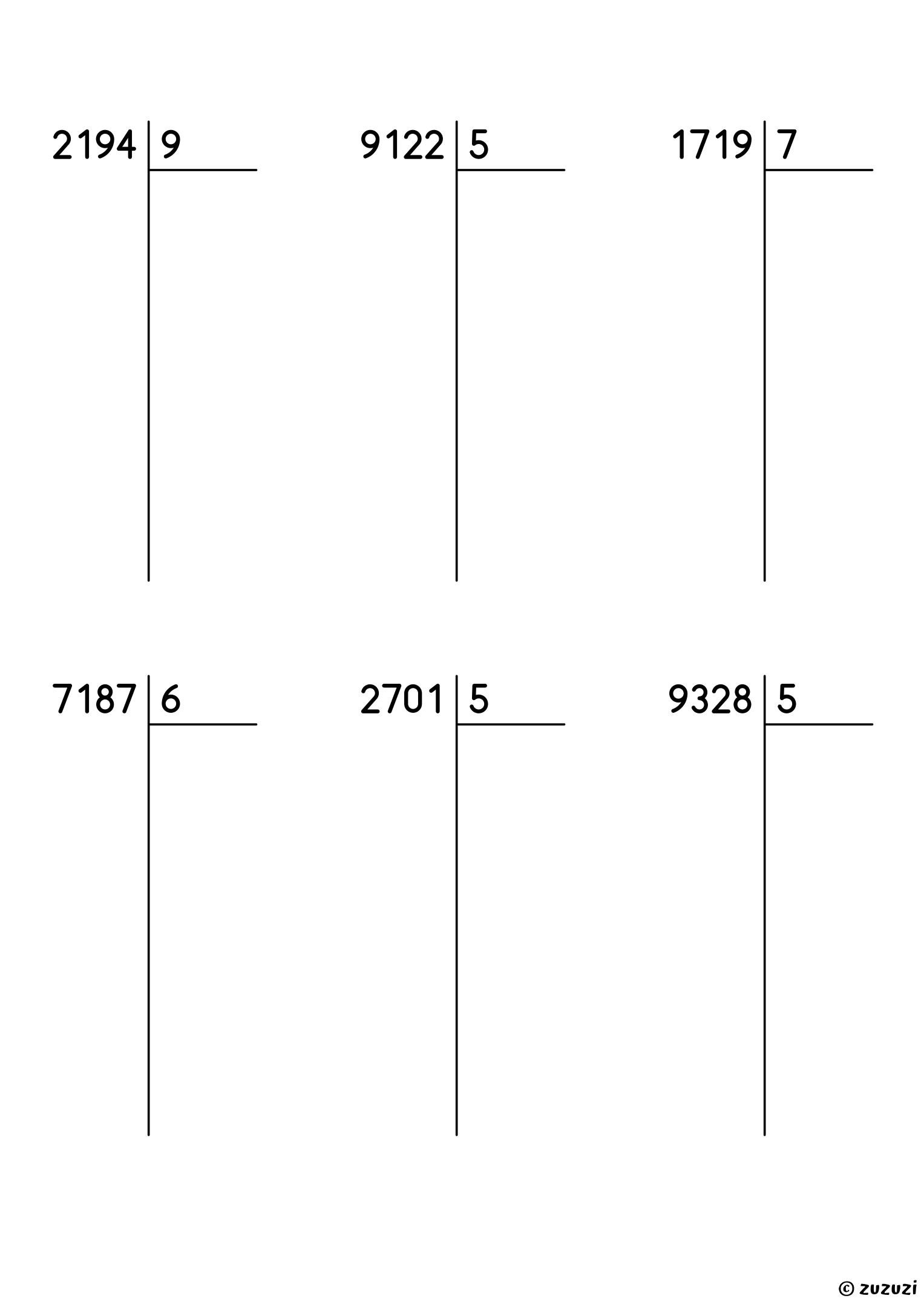 Worksheet with six long division problems, each a 4-digit number divided by a one-digit number, with a remainder, and room under each dividend to write every step.