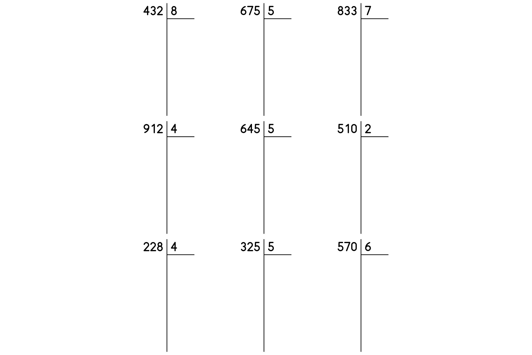 A long division worksheet with 3-digit numbers divided by one-digit numbers, in black and white.