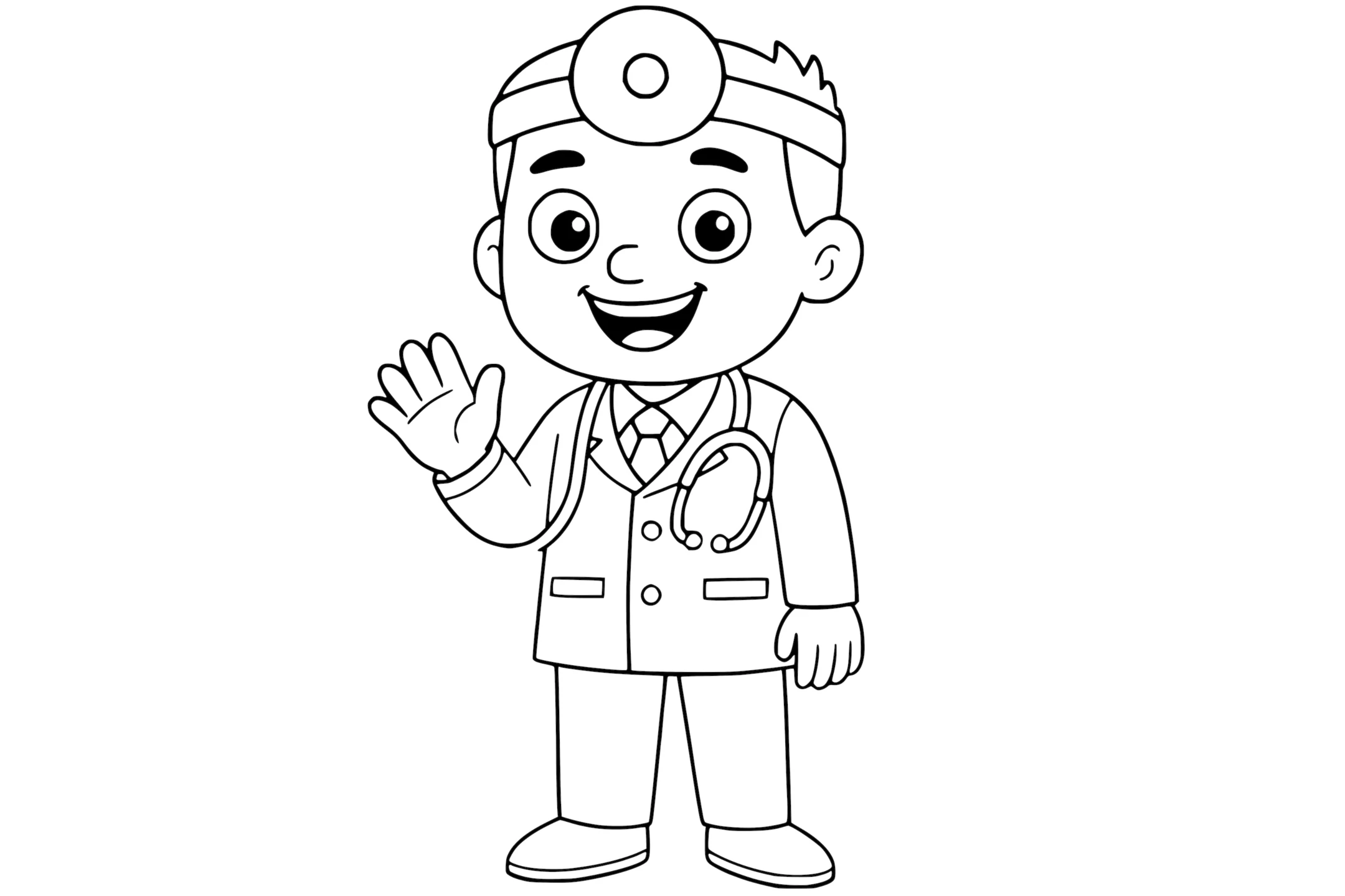 Doctor smiling and waving, wearing a head mirror and lab coat with a stethoscope around the neck.