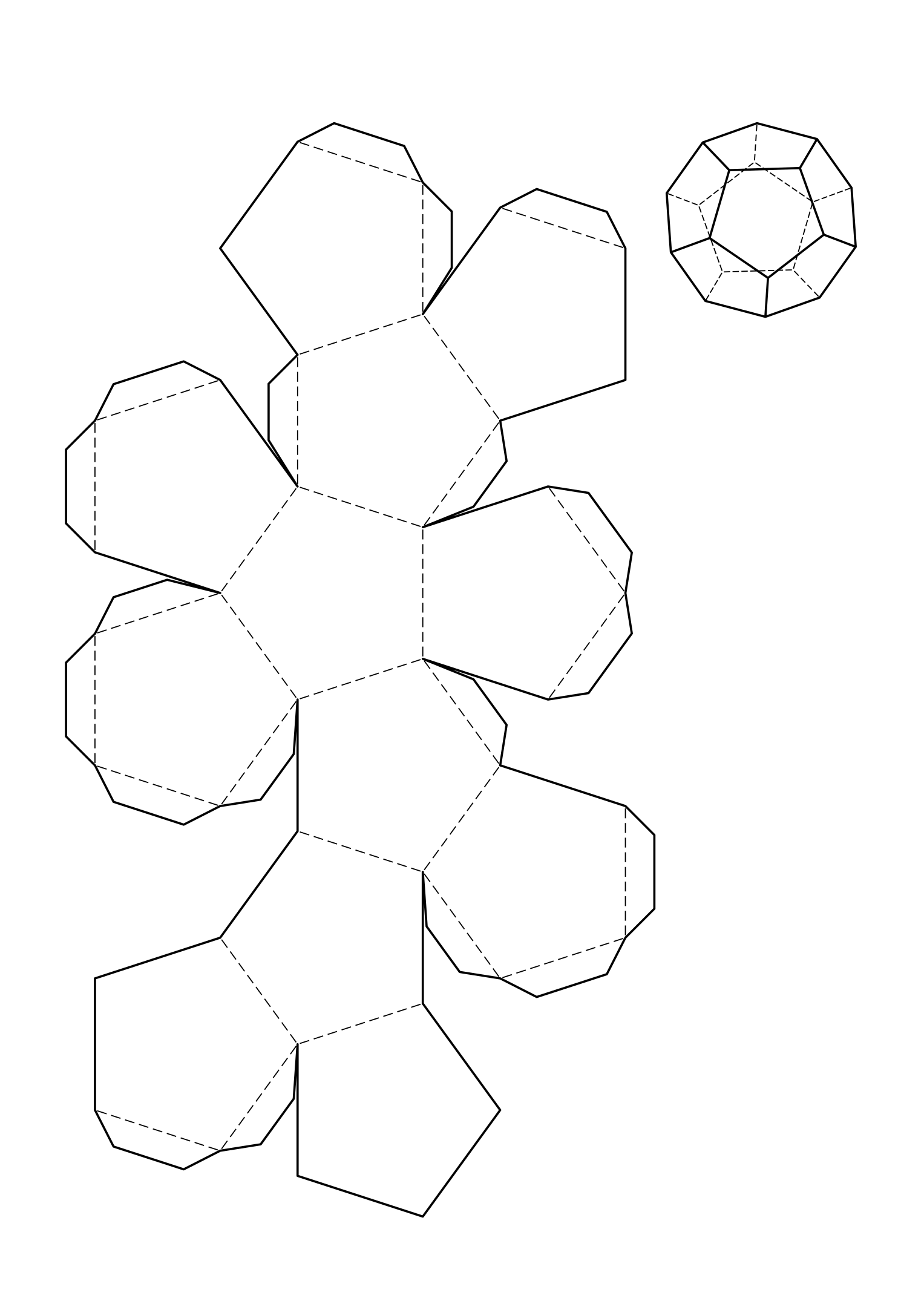 Dodecahedron net: twelve regular pentagons, three around each corner once folded.