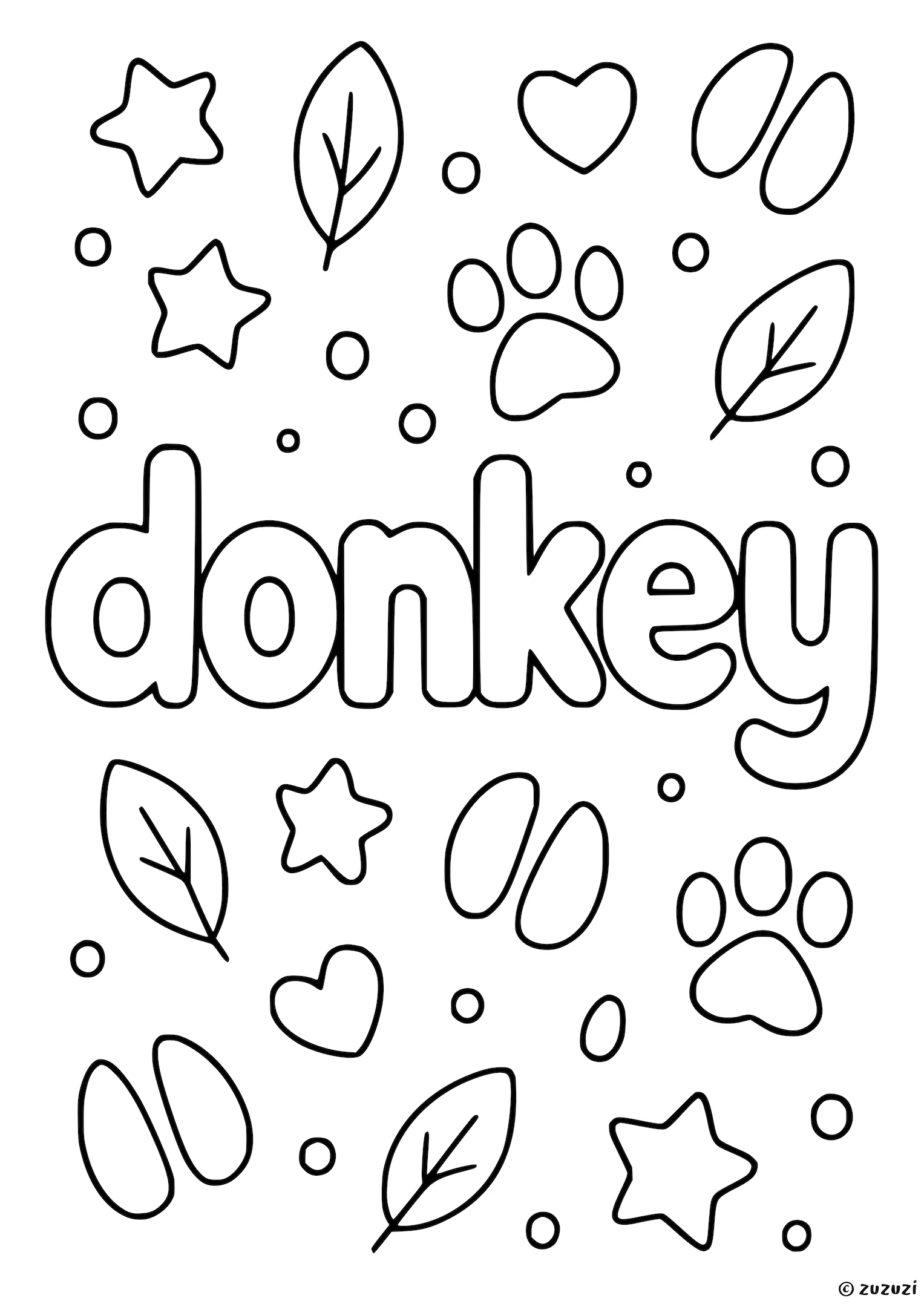 Coloring page of the word Donkey in bubble letters, decorated with hoofprints, paw prints, leaves, stars, hearts, and dots.