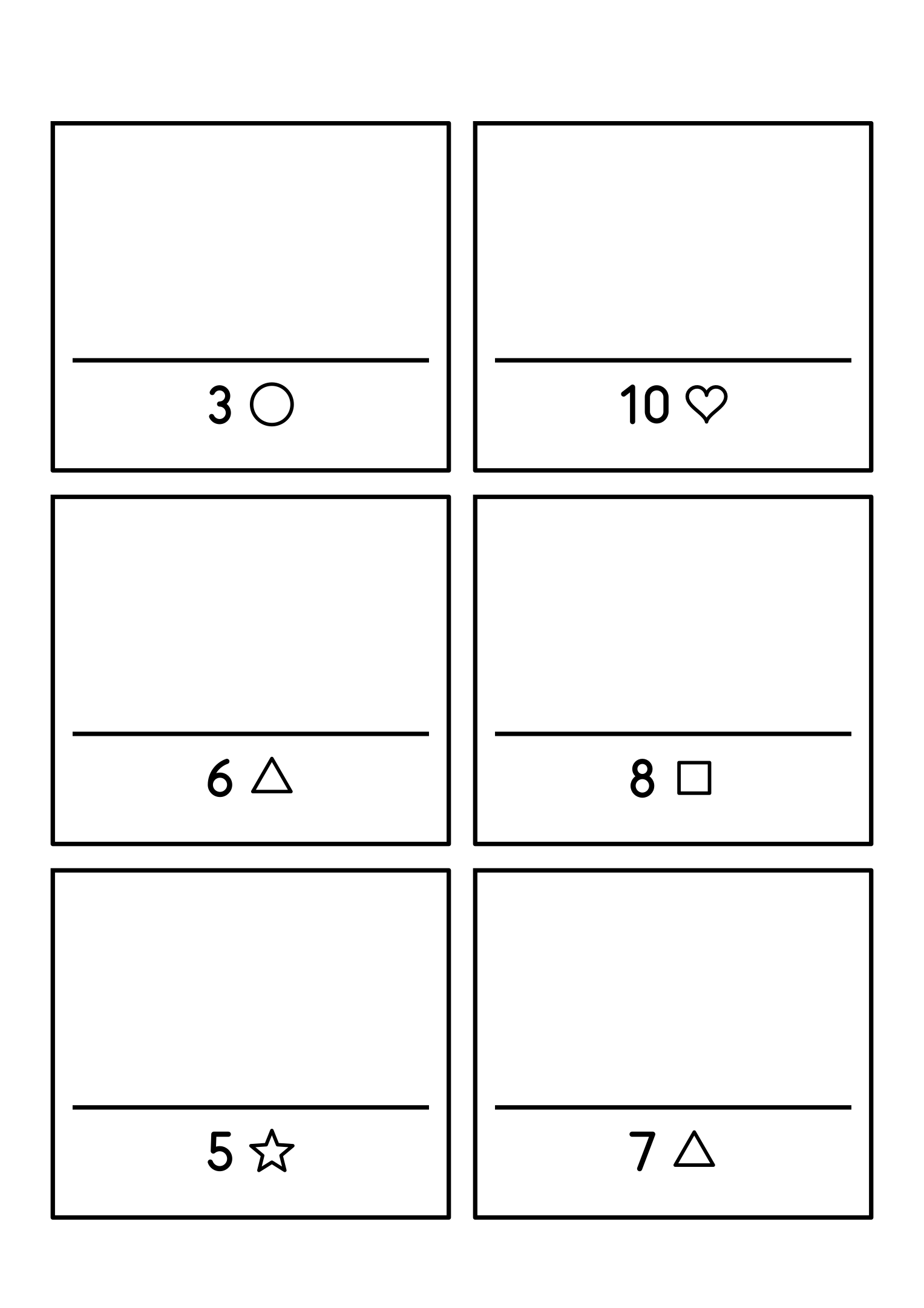 Six compact frames, each with a number from 3 to 10 to draw. Variant 1.