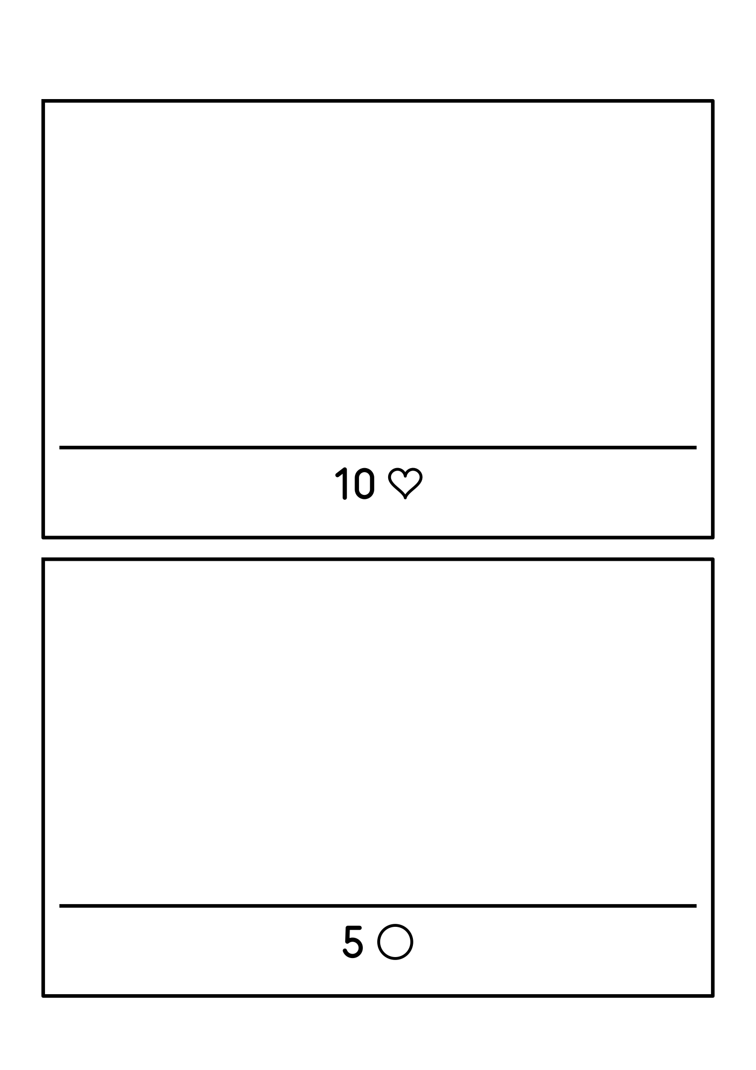Two roomy frames with numbers from 3 to 10 and shapes to draw. Variant 2.