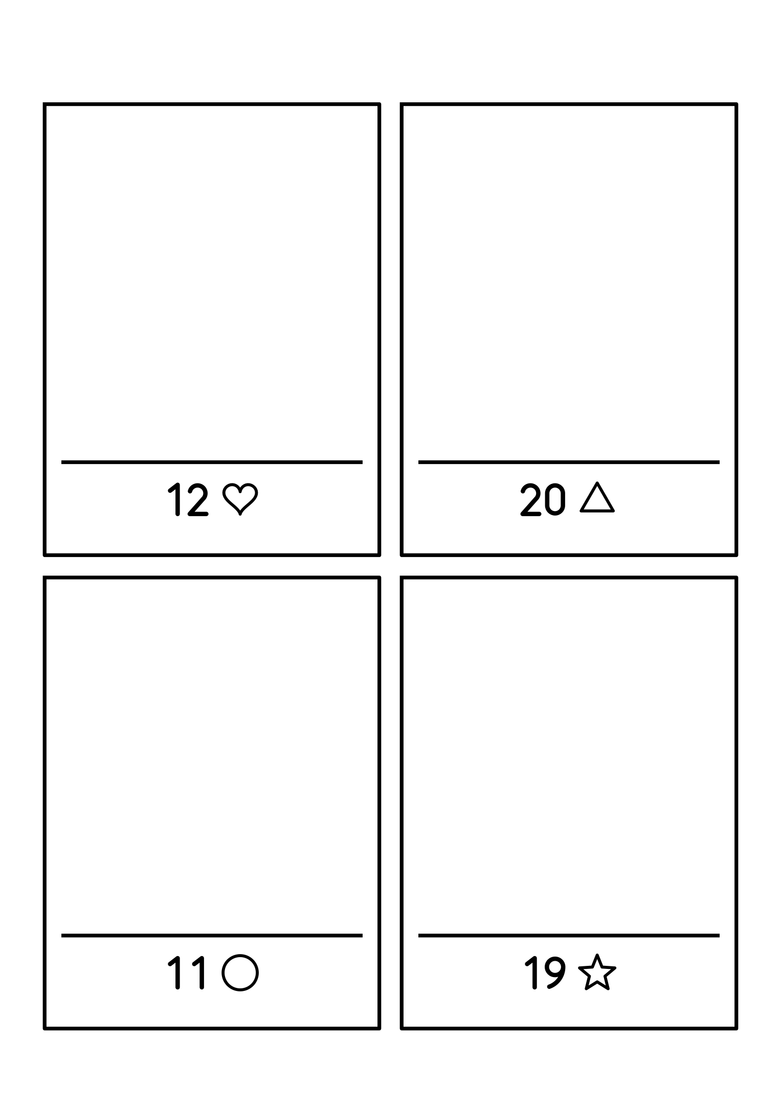 Four frames, each calling for 8 to 20 shapes drawn above the shelf. Variant 1.