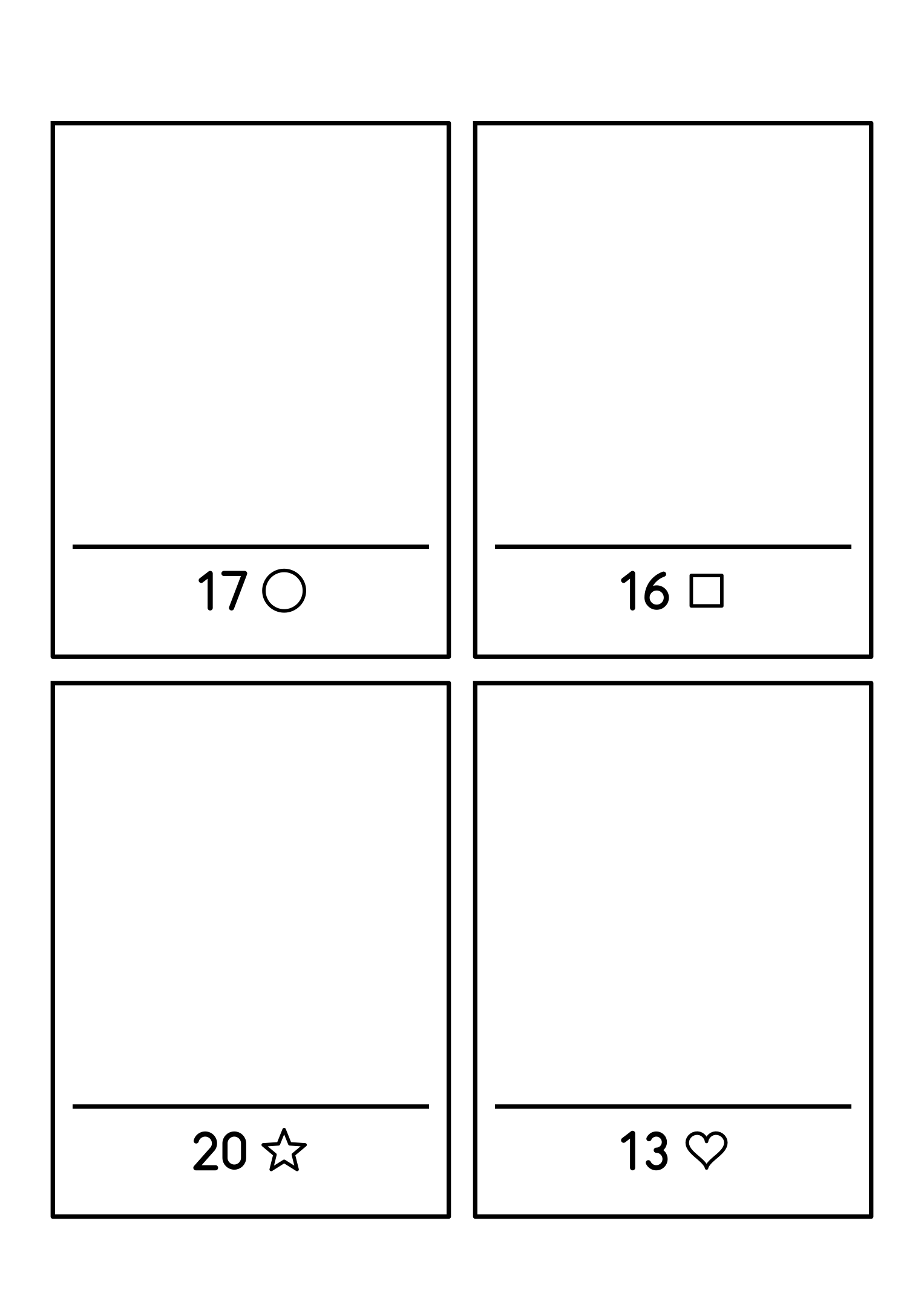 Drawing to 20: four frames, each asking for a number of shapes drawn above its shelf. Sheet 23.