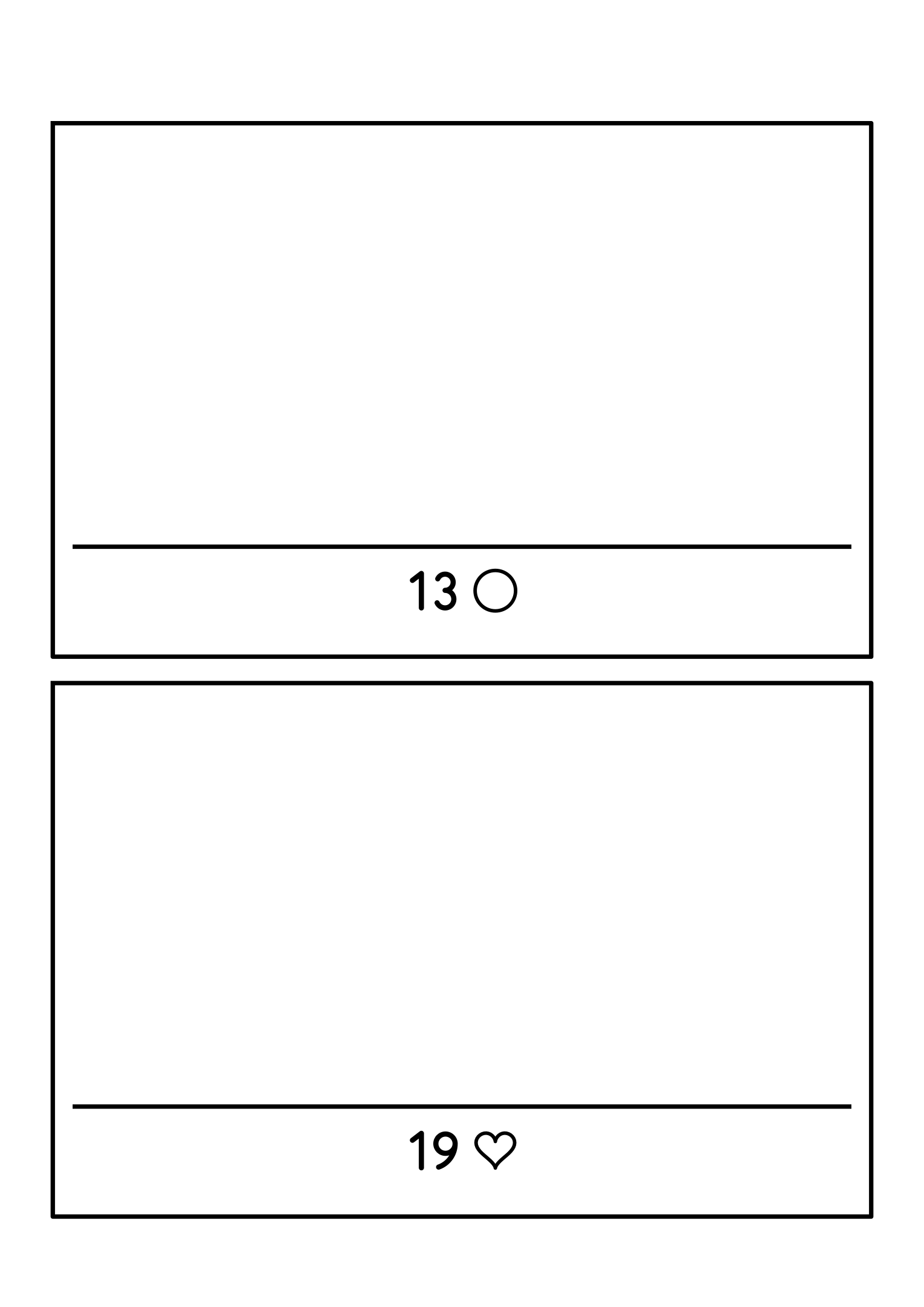 Drawing to 20: two large frames; read the number under each shelf and draw that many shapes. Sheet 21.