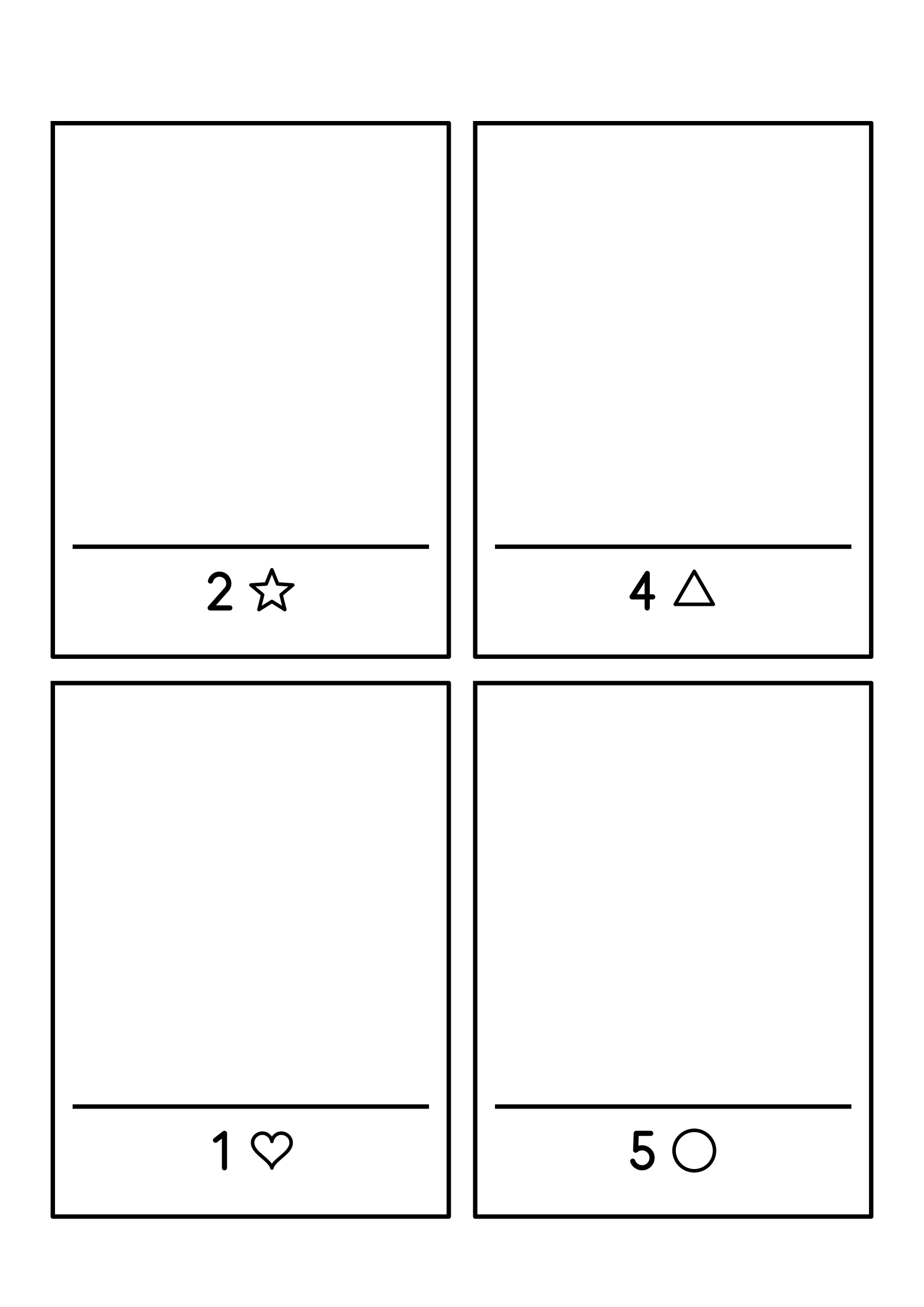 Four frames with a number from 1 to 5 and a shape to draw that many times. Variant 1.