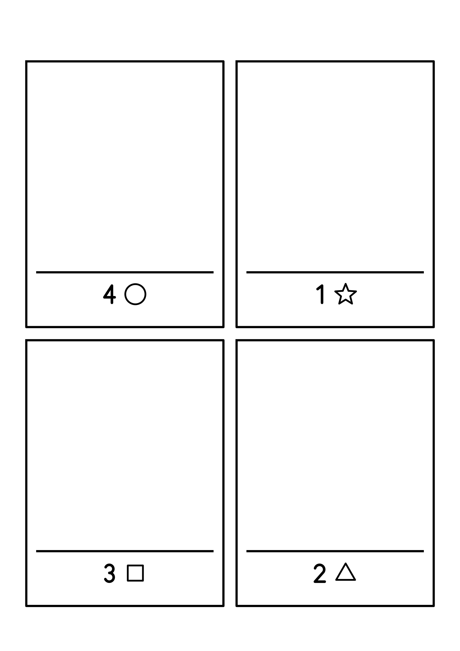 Four frames with a number from 1 to 5 and a shape to draw that many times. Variant 2.